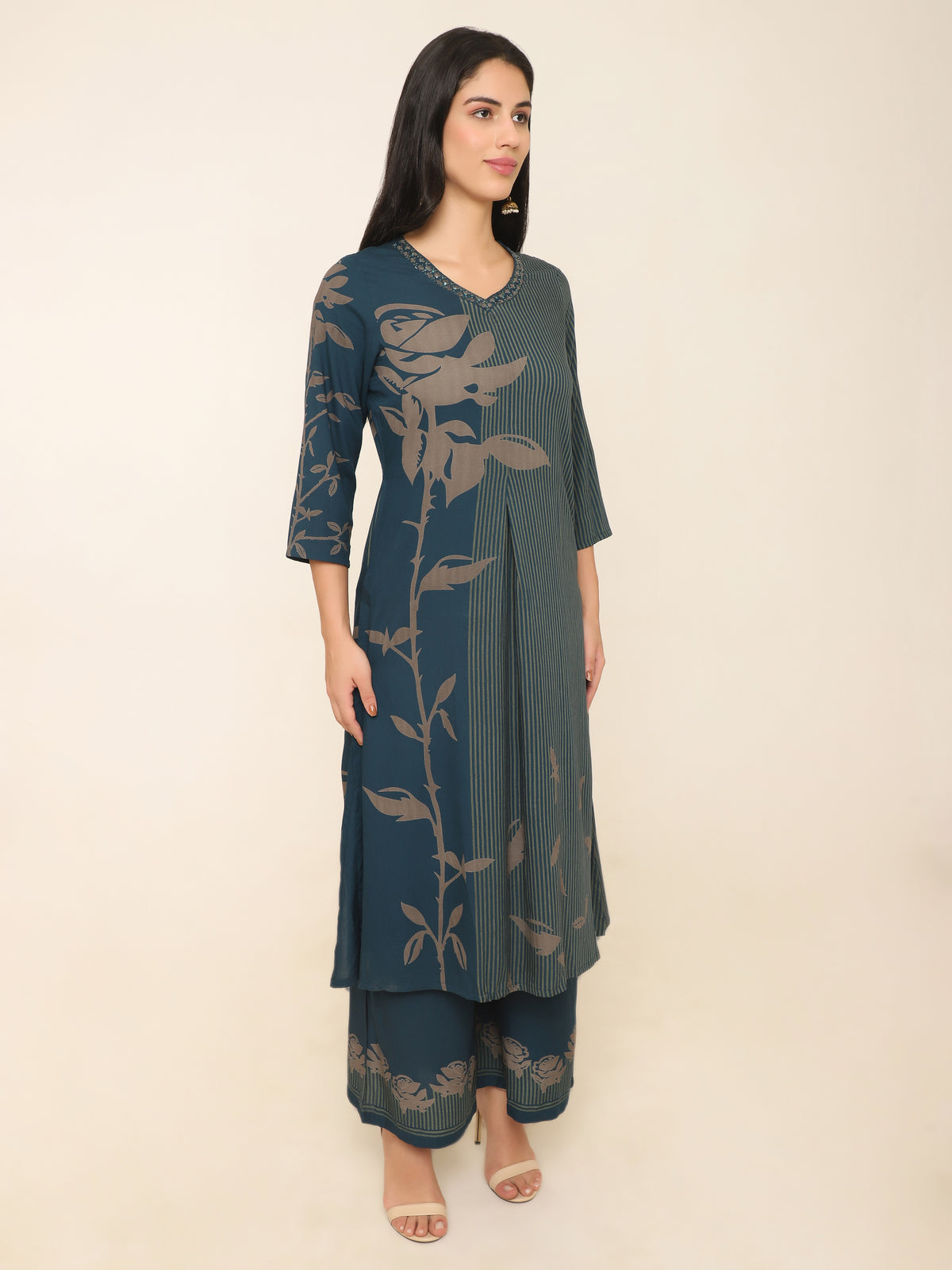 Teal Blue Kurti Set with Beige Stripe Floral Print & Embroidered Neckline