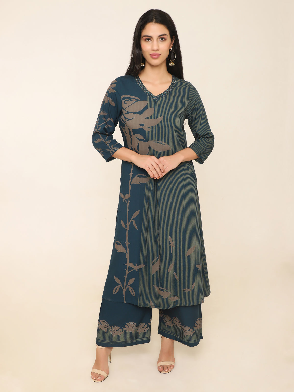 Teal Blue Kurti Set with Beige Stripe Floral Print & Embroidered Neckline