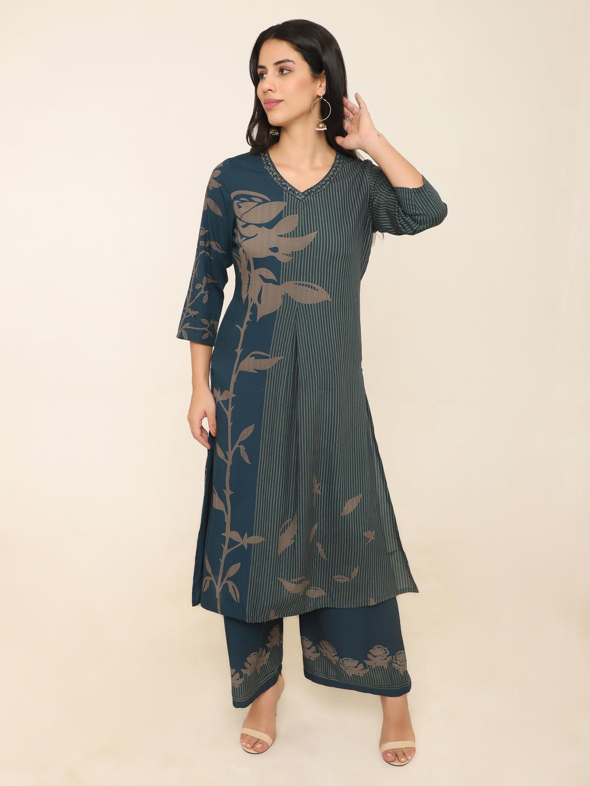 Teal Blue Kurti Set with Beige Stripe Floral Print & Embroidered Neckline