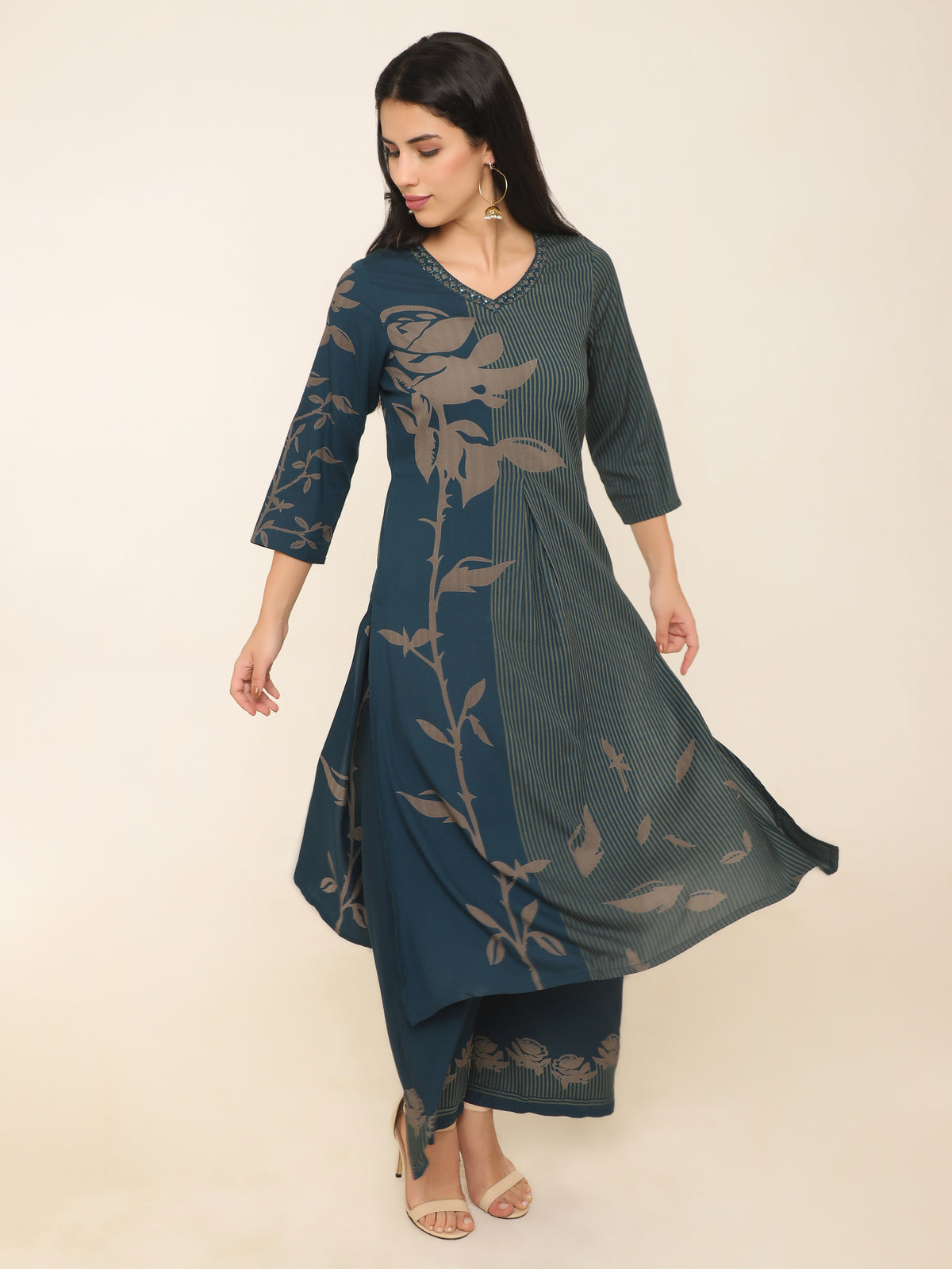 Teal Blue Kurti Set with Beige Stripe Floral Print & Embroidered Neckline