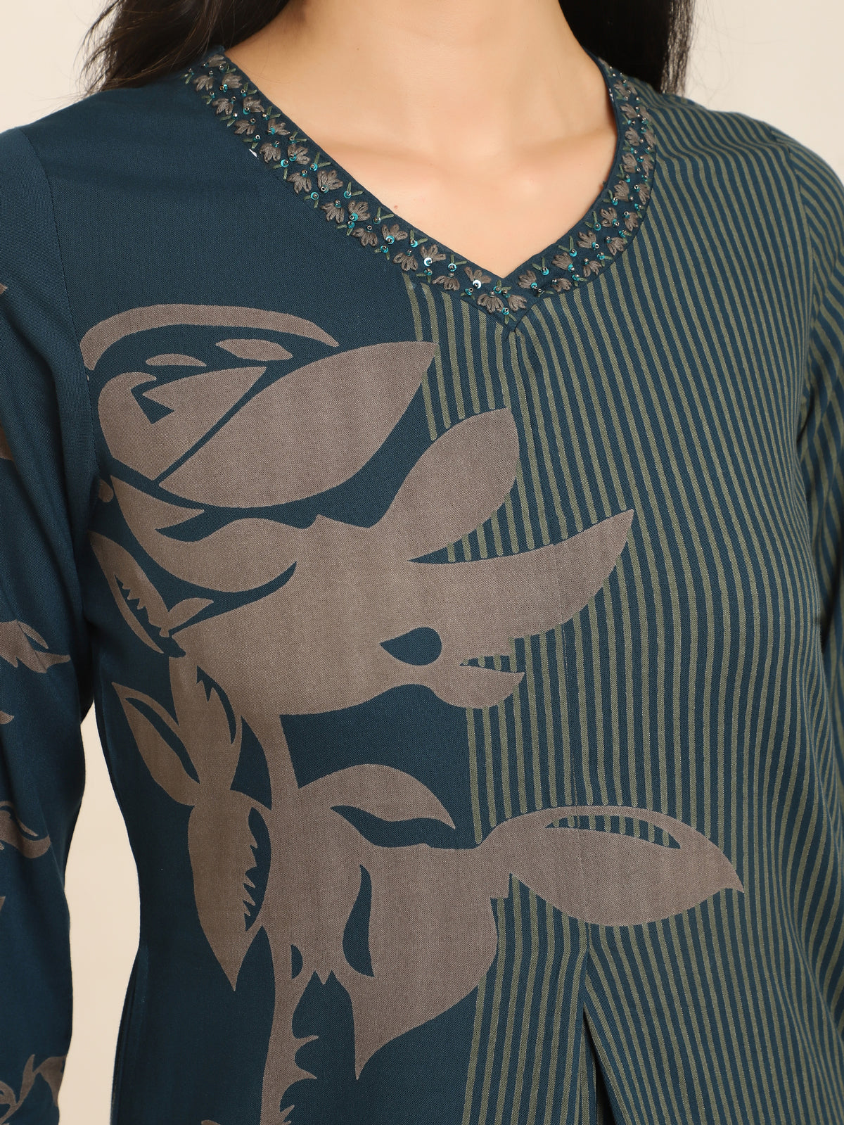 Teal Blue Kurti Set with Beige Stripe Floral Print & Embroidered Neckline