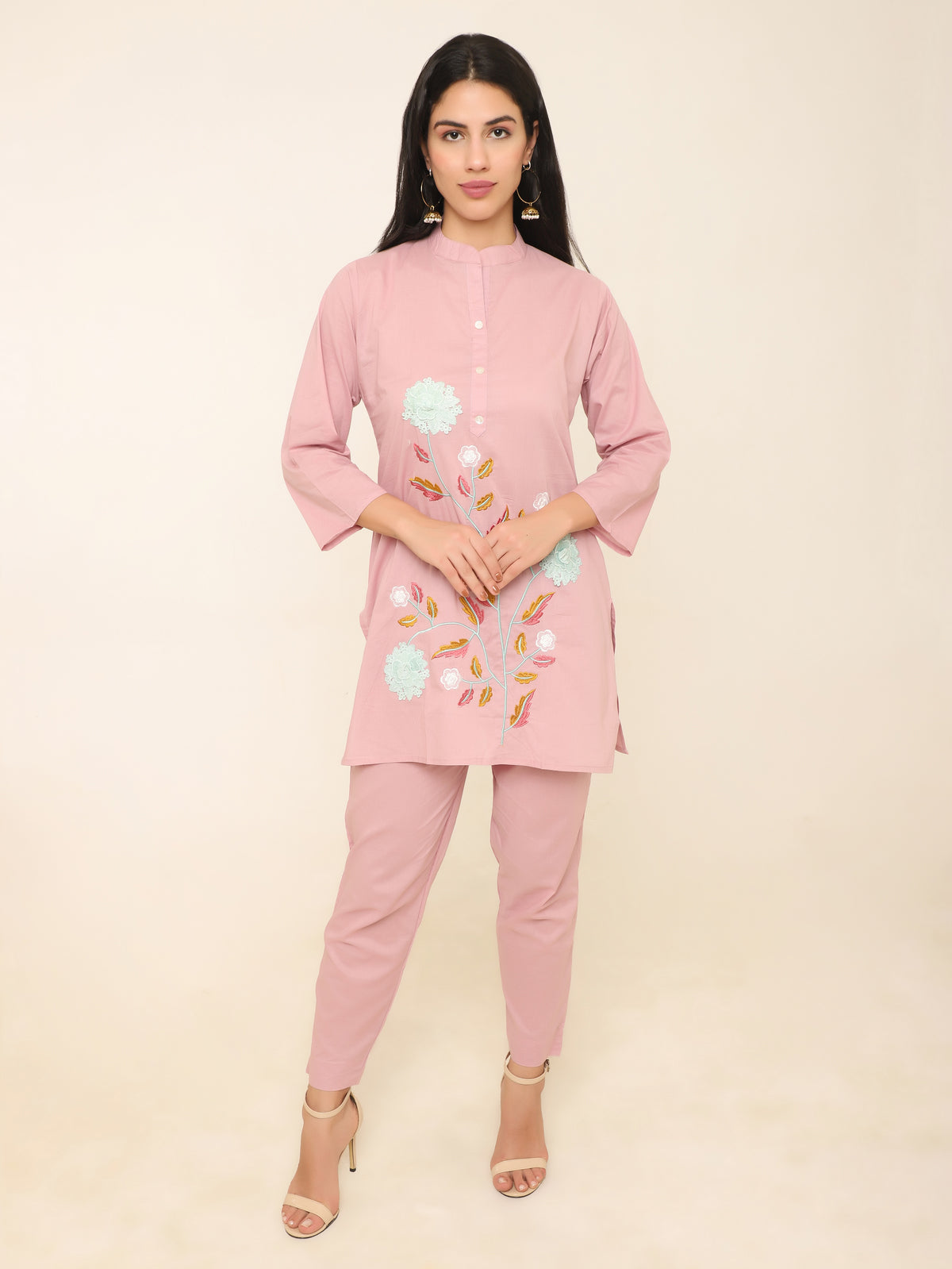 Pink Cotton Floral Co-ord Set with Applique & Embroidery