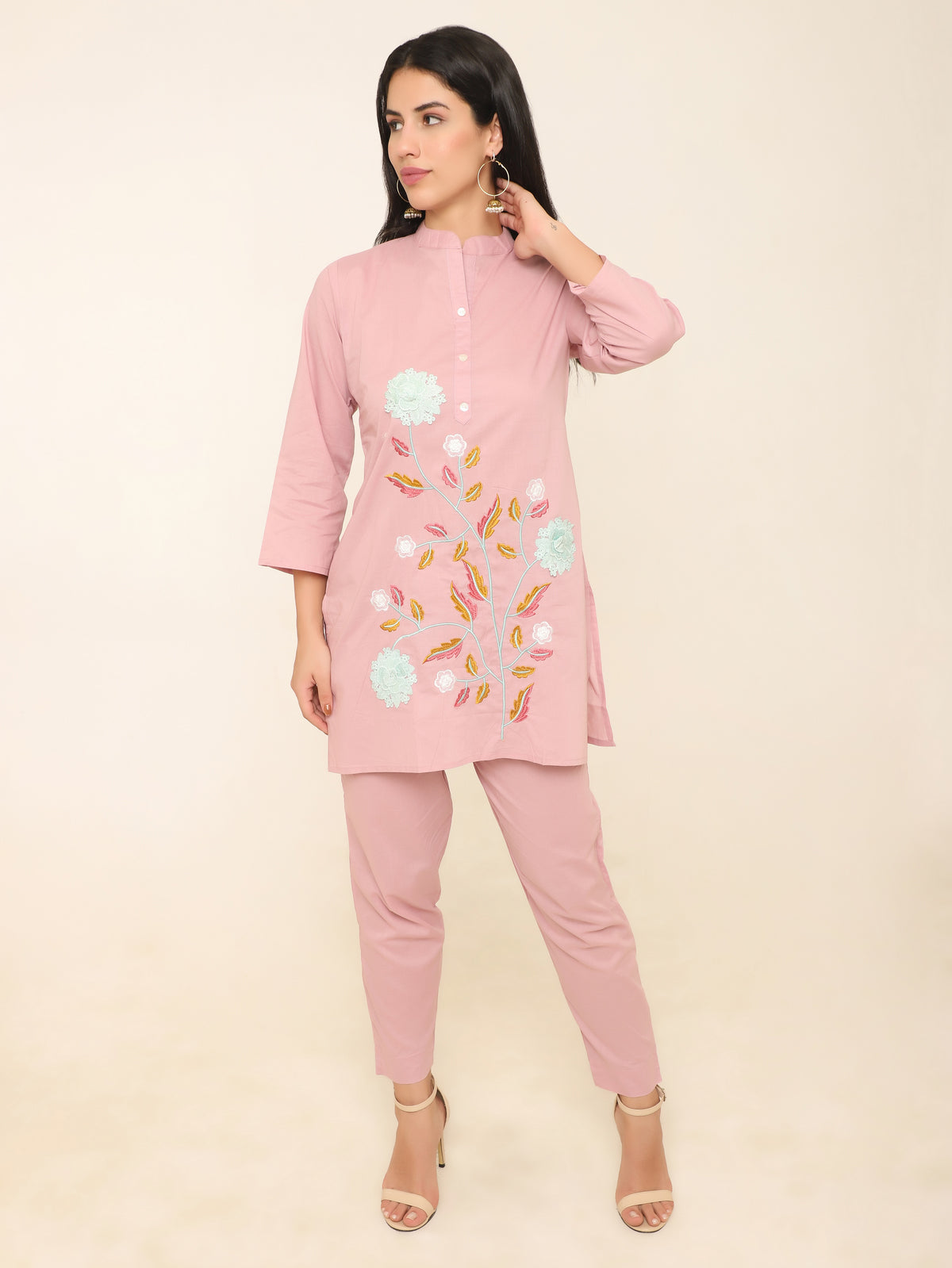Pink Cotton Floral Co-ord Set with Applique & Embroidery
