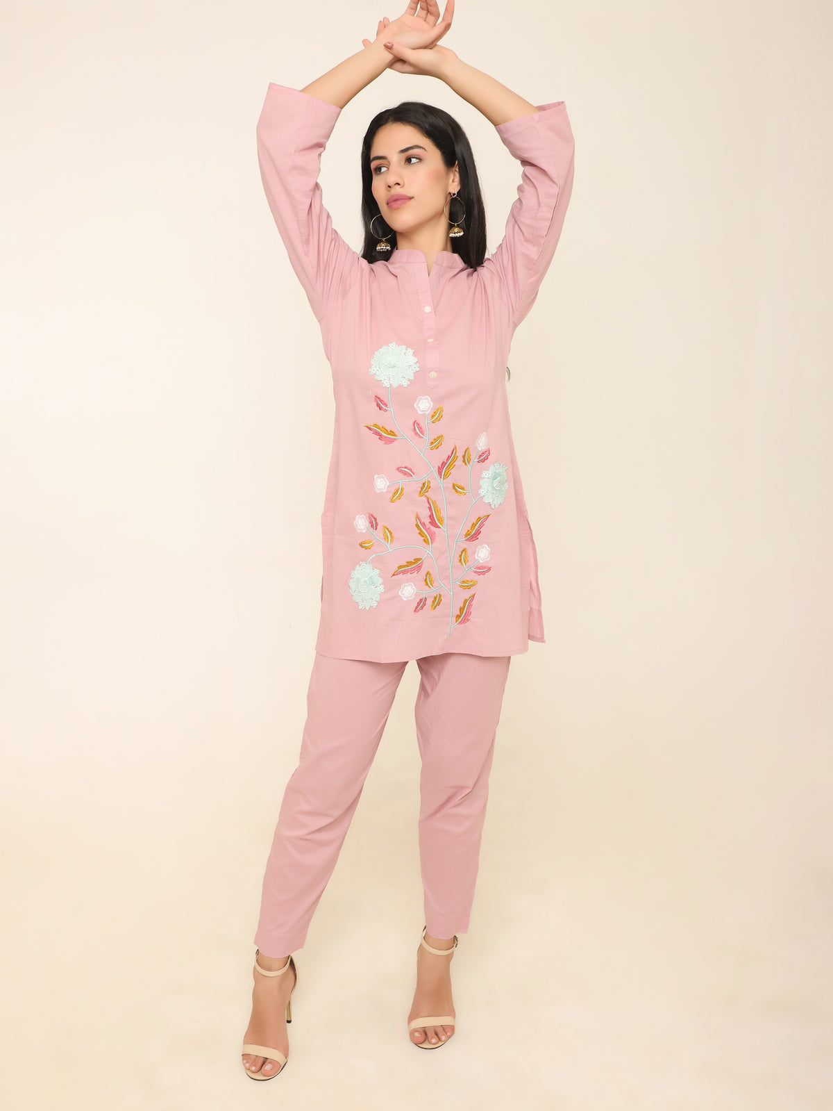 Pink Cotton Floral Co-ord Set with Applique & Embroidery