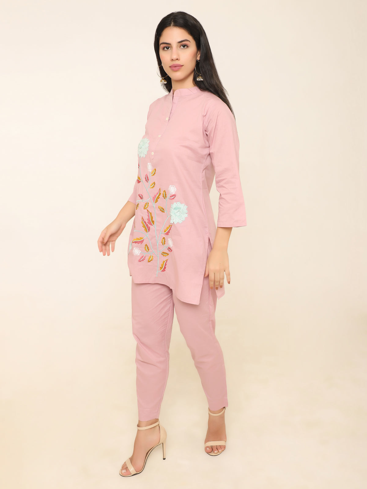 Pink Cotton Floral Co-ord Set with Applique & Embroidery