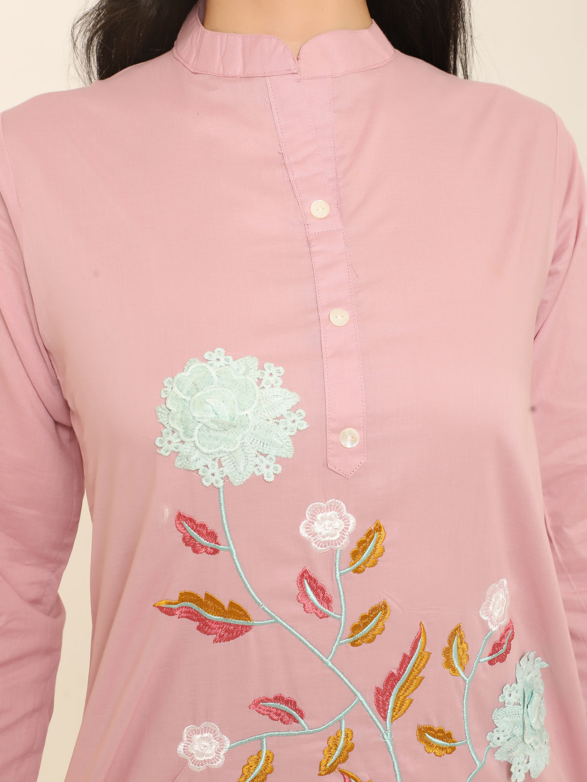 Pink Cotton Floral Co-ord Set with Applique & Embroidery