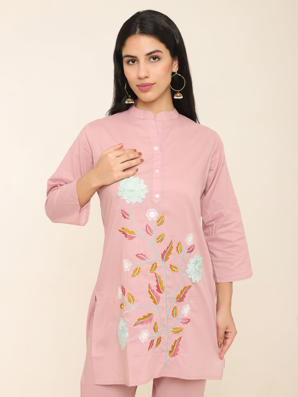 Pink Cotton Floral Co-ord Set with Applique & Embroidery