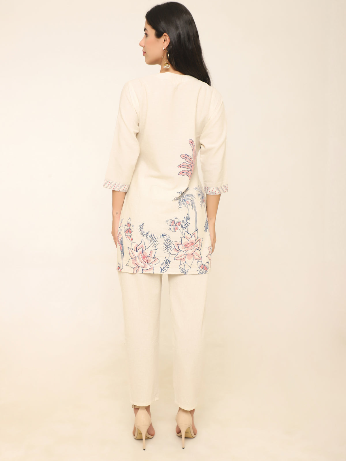 Off-White Linen Co-ord Set with Red & Blue Hand-Block Printing