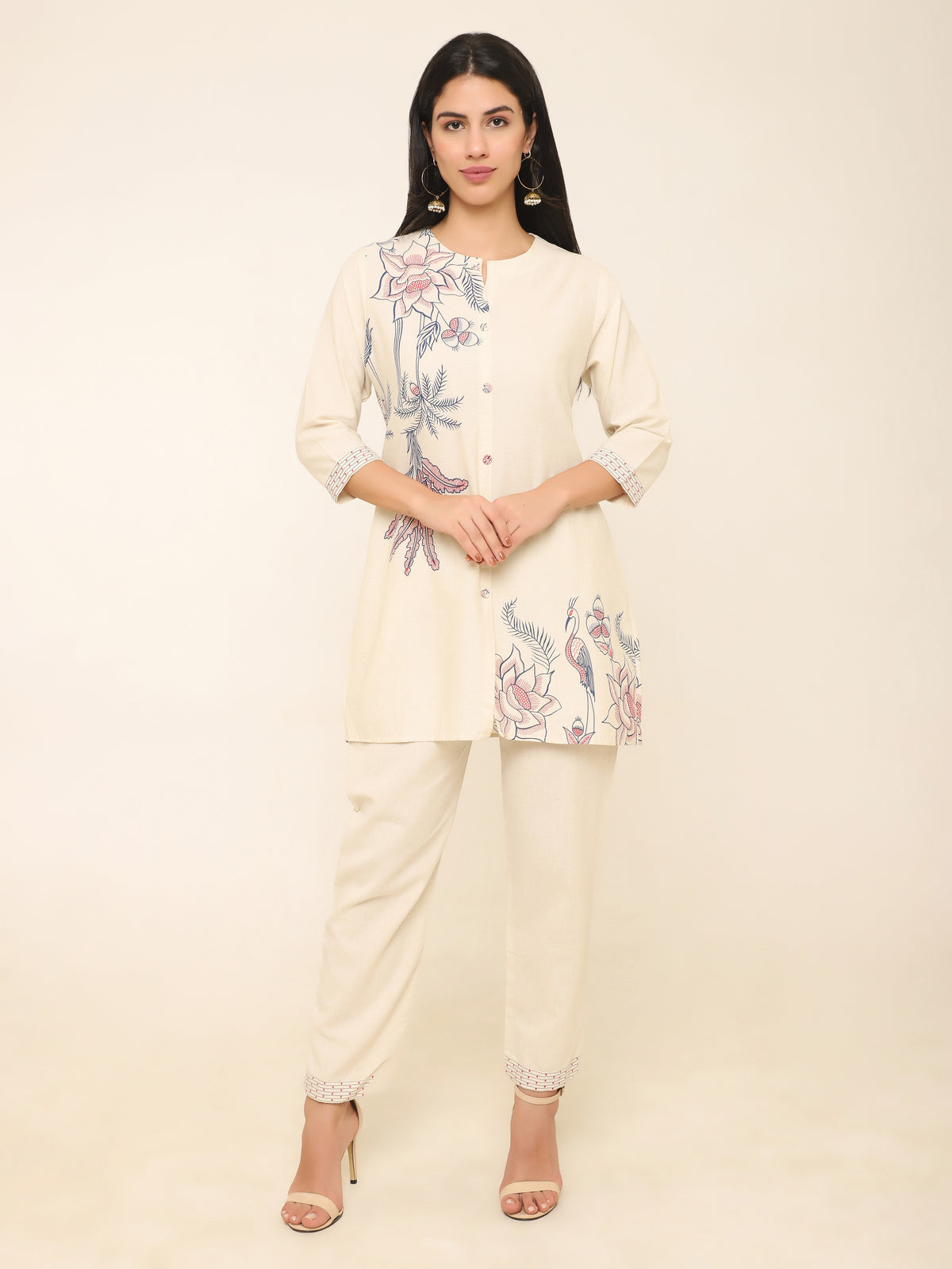 Off-White Linen Co-ord Set with Red & Blue Hand-Block Printing