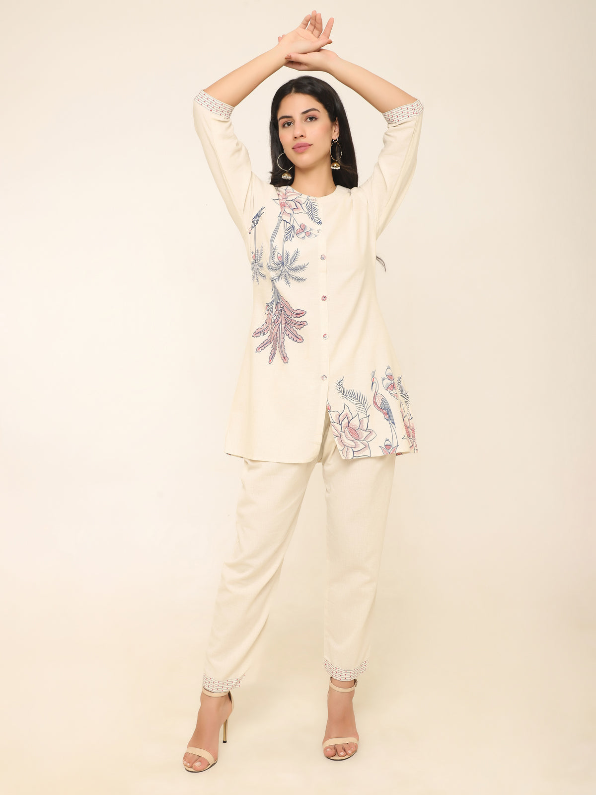 Off-White Linen Co-ord Set with Red & Blue Hand-Block Printing