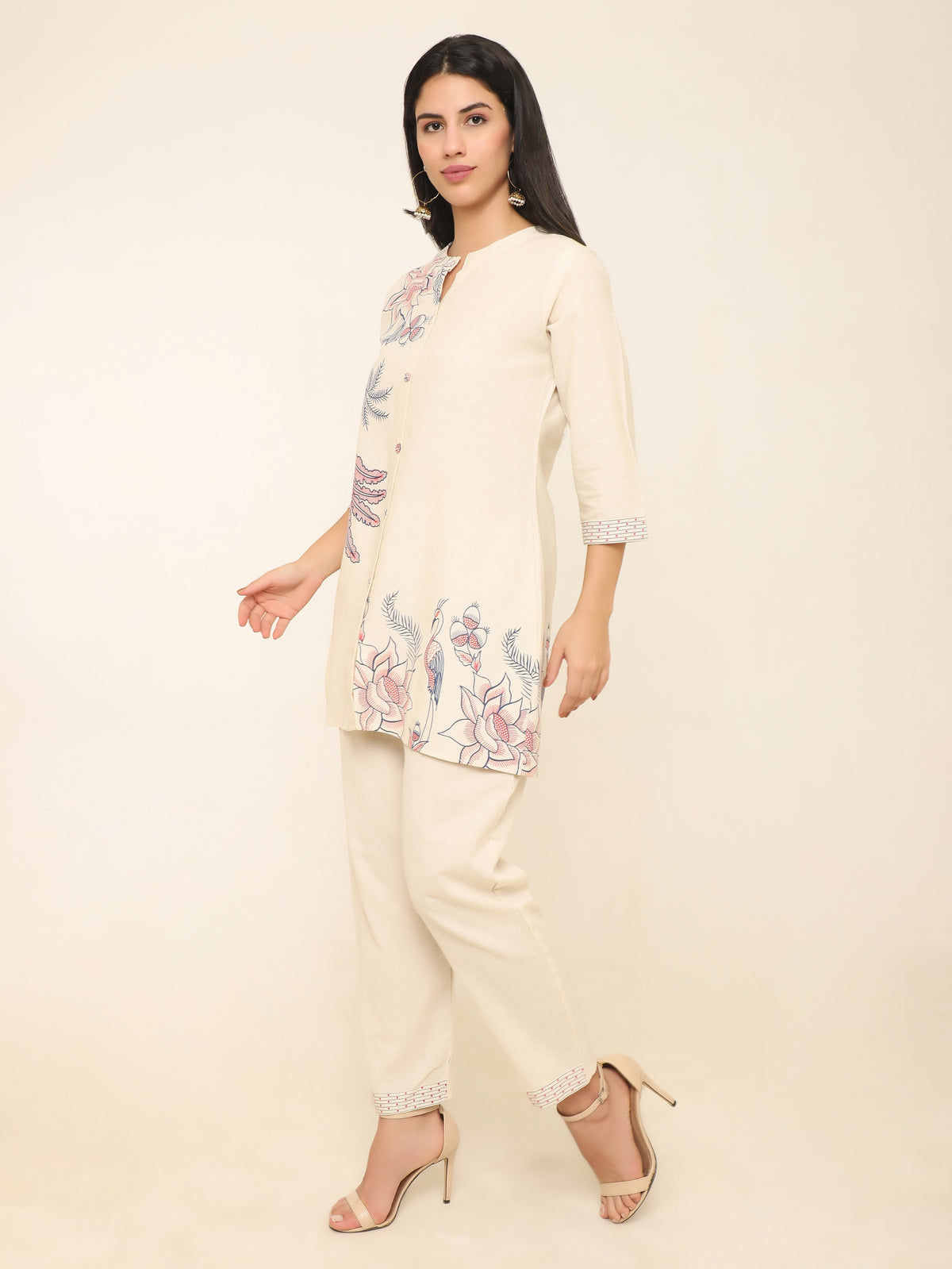 Off-White Linen Co-ord Set with Red & Blue Hand-Block Printing