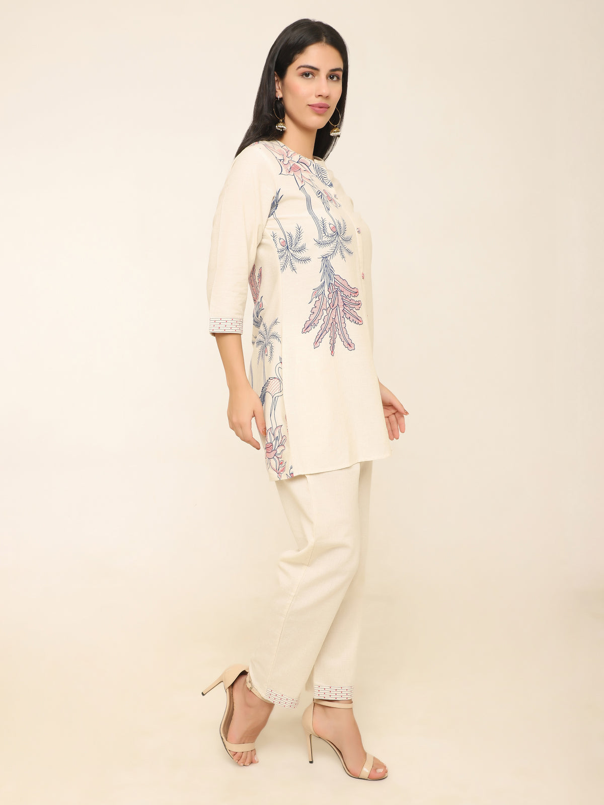 Off-White Linen Co-ord Set with Red & Blue Hand-Block Printing