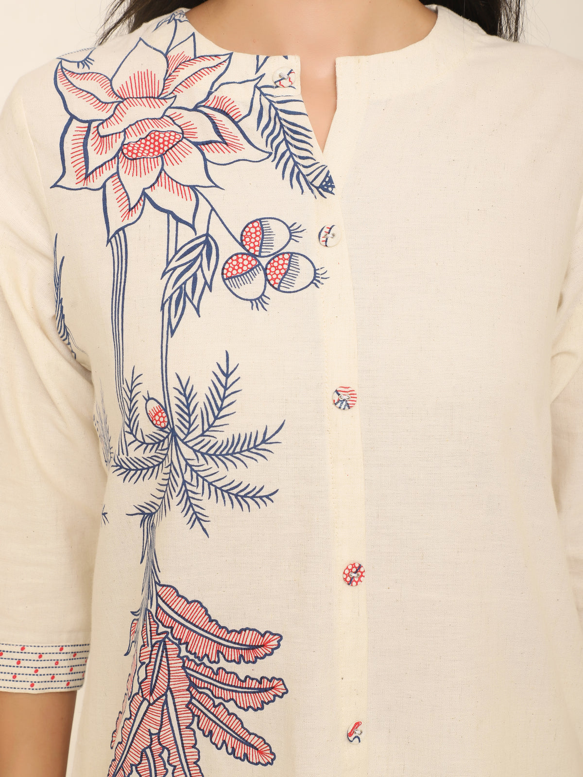 Off-White Linen Co-ord Set with Red & Blue Hand-Block Printing