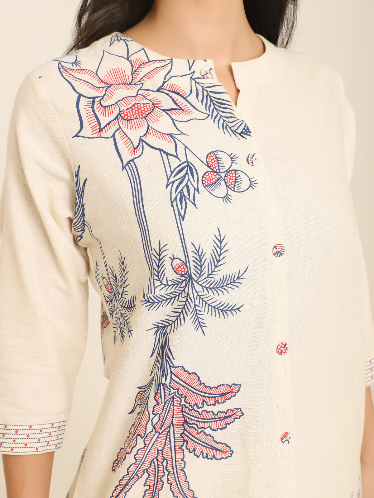 Off-White Linen Co-ord Set with Red & Blue Hand-Block Printing