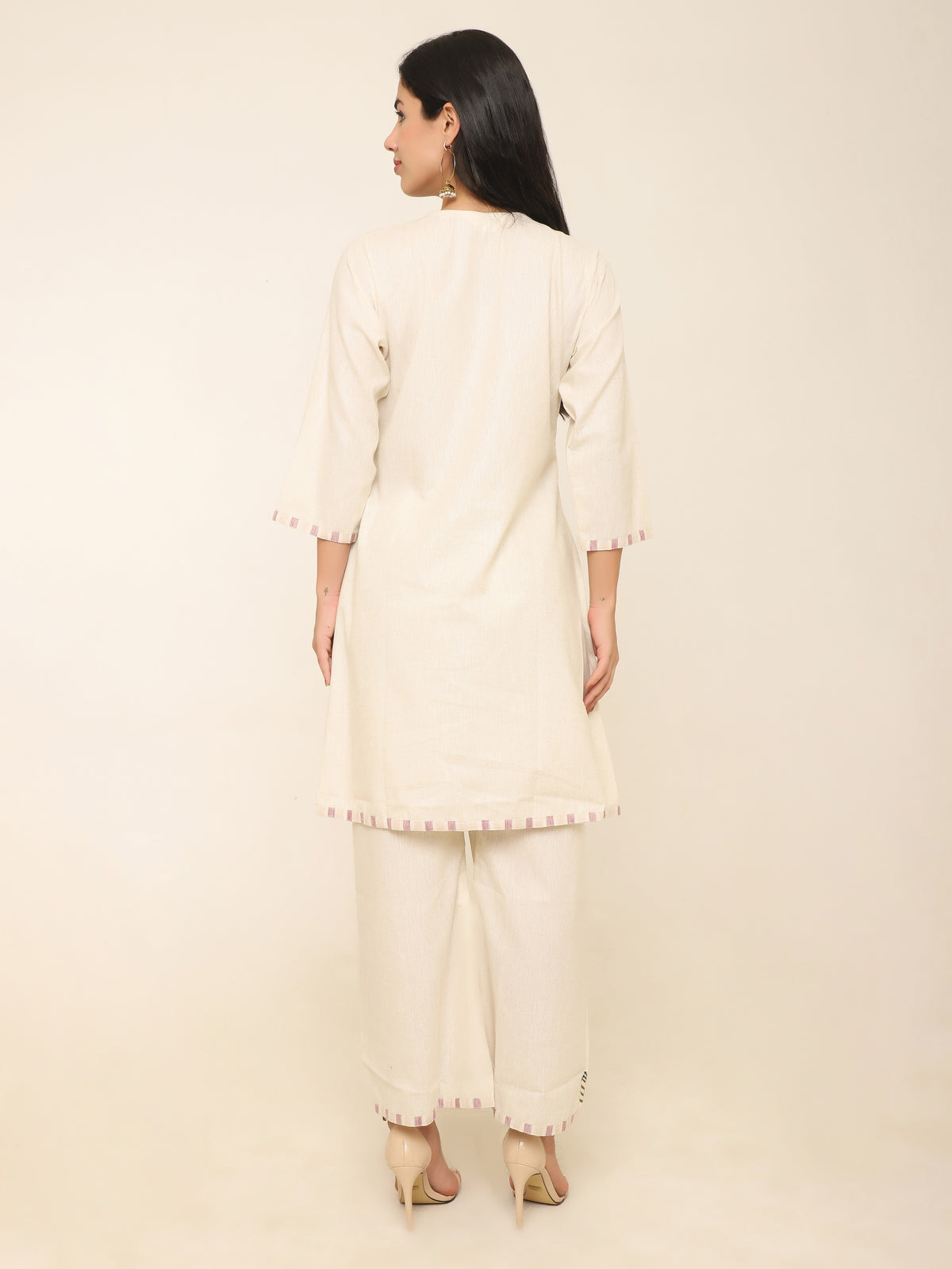 Khadi A-Line Co-ord Set with Embroidery & Lavender Stripes