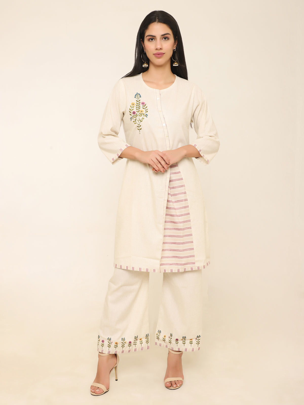 Khadi A-Line Co-ord Set with Embroidery & Lavender Stripes