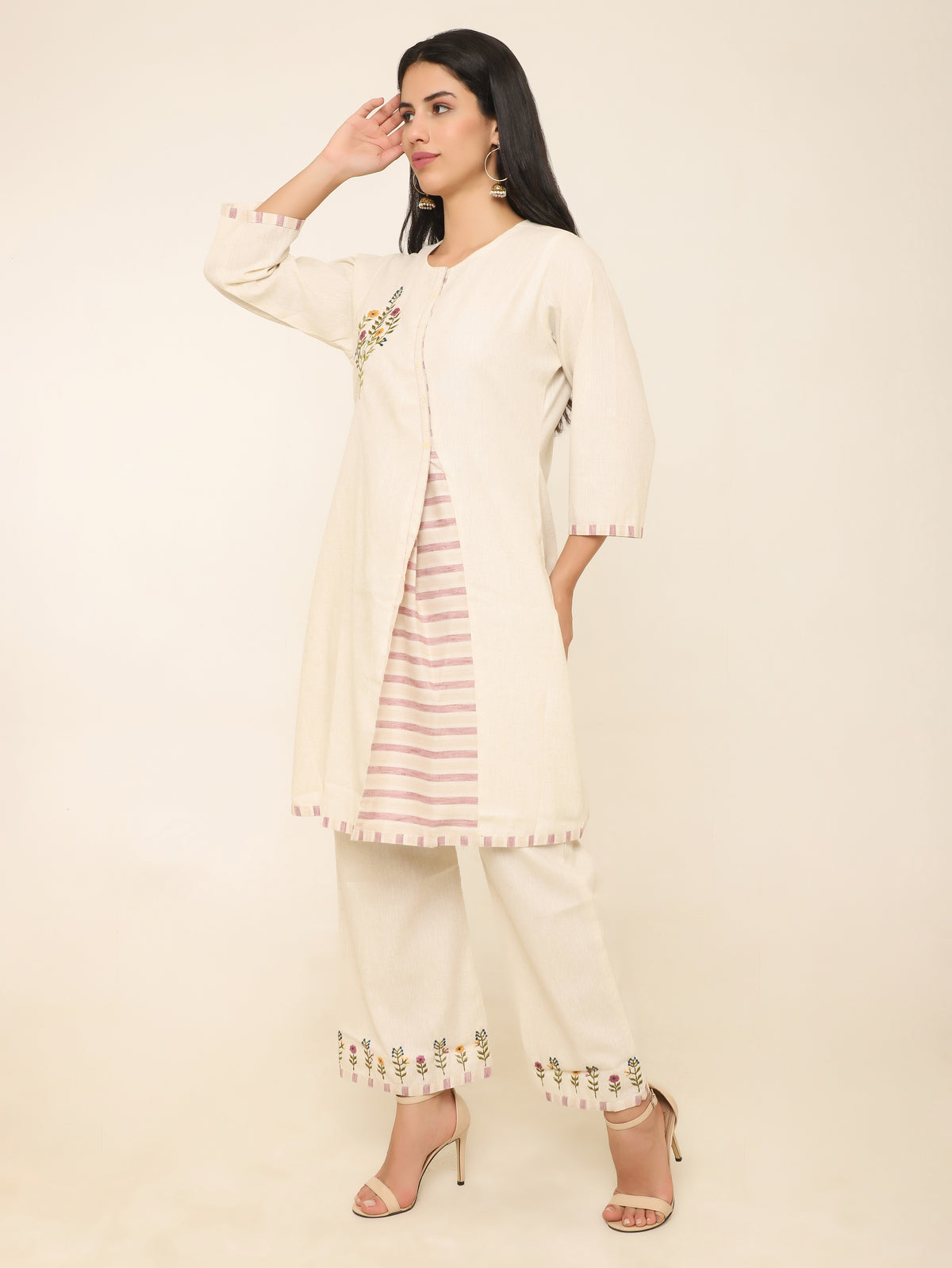 Khadi A-Line Co-ord Set with Embroidery & Lavender Stripes