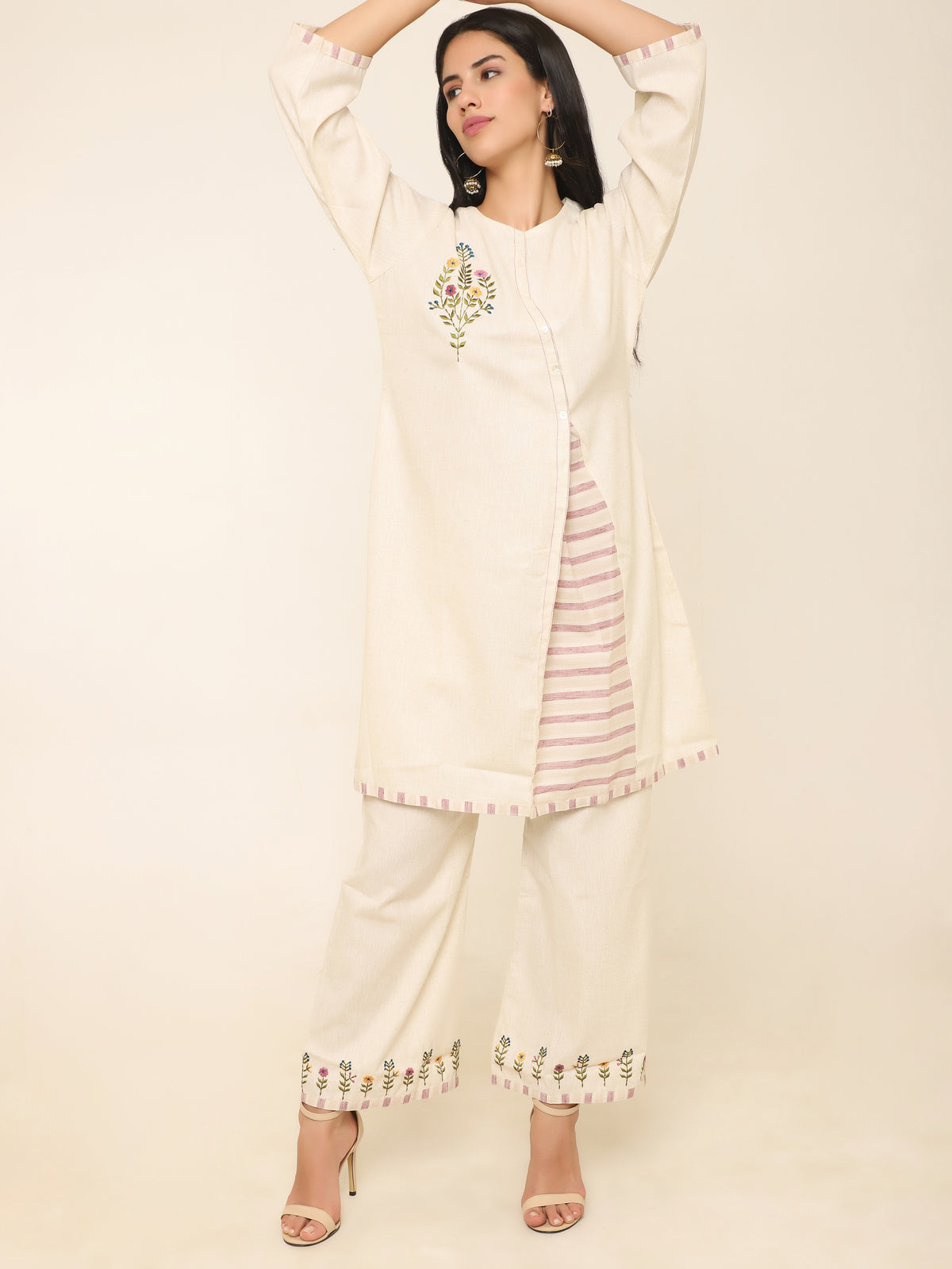 Khadi A-Line Co-ord Set with Embroidery & Lavender Stripes