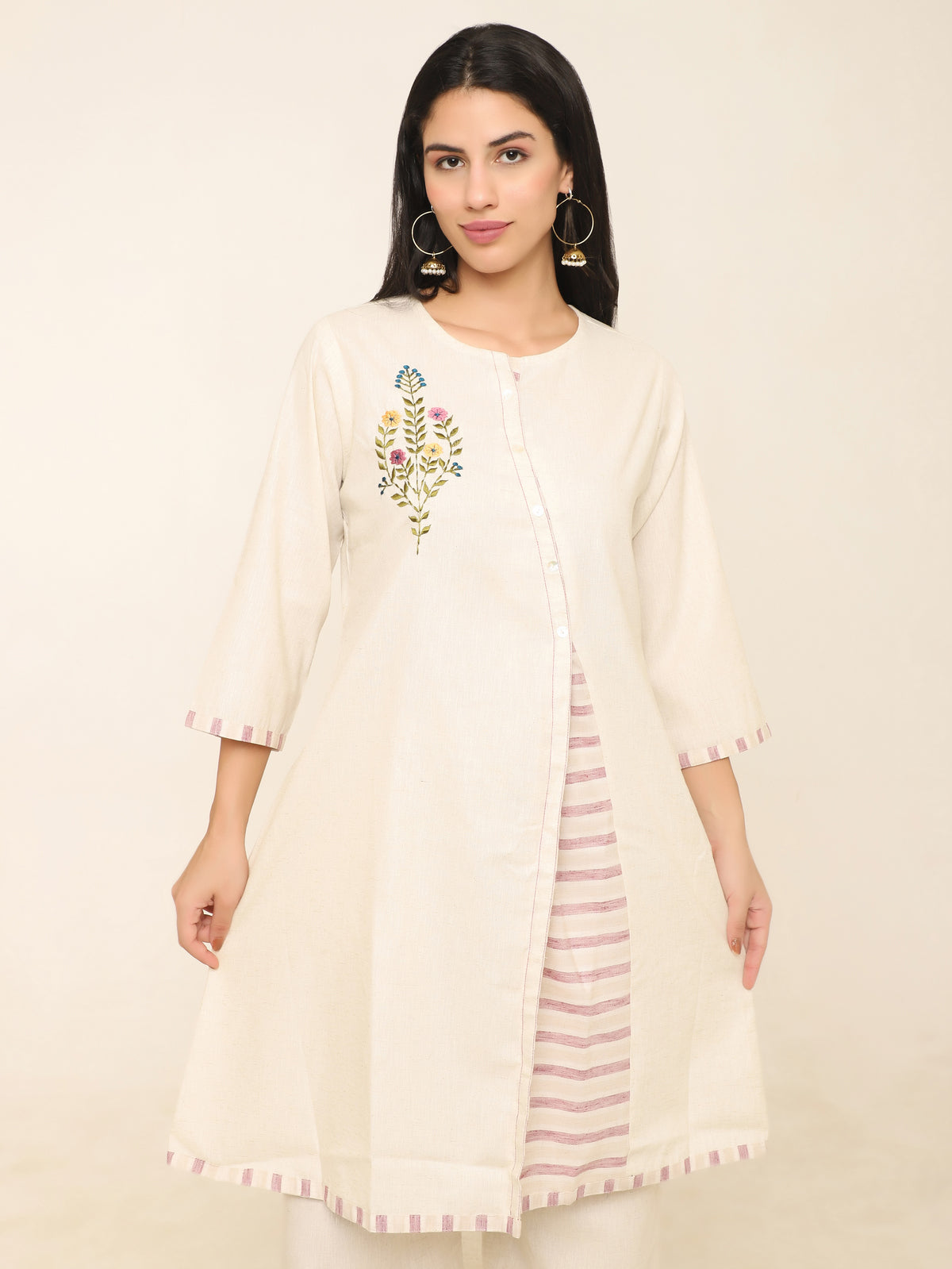 Khadi A-Line Co-ord Set with Embroidery & Lavender Stripes