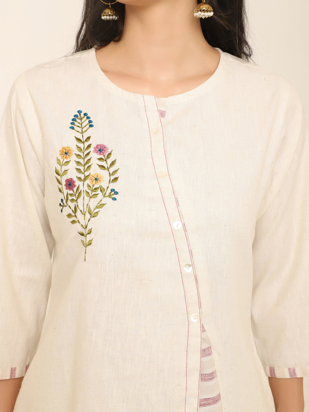 Khadi A-Line Co-ord Set with Embroidery & Lavender Stripes