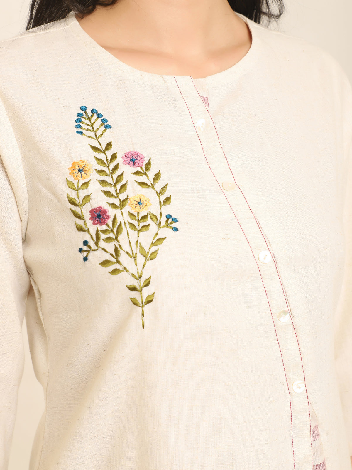 Khadi A-Line Co-ord Set with Embroidery & Lavender Stripes