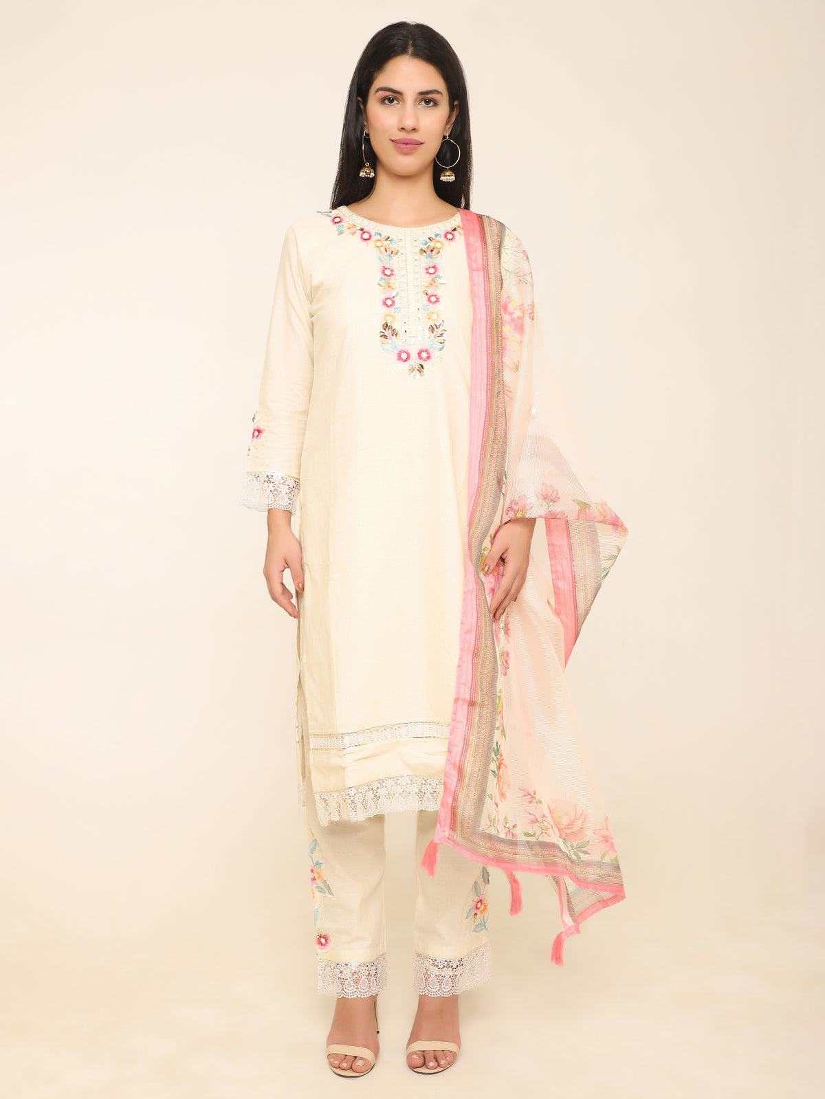 Ivory Embroidered 3-Piece Suit with Lace Detailing & Floral Dupatta