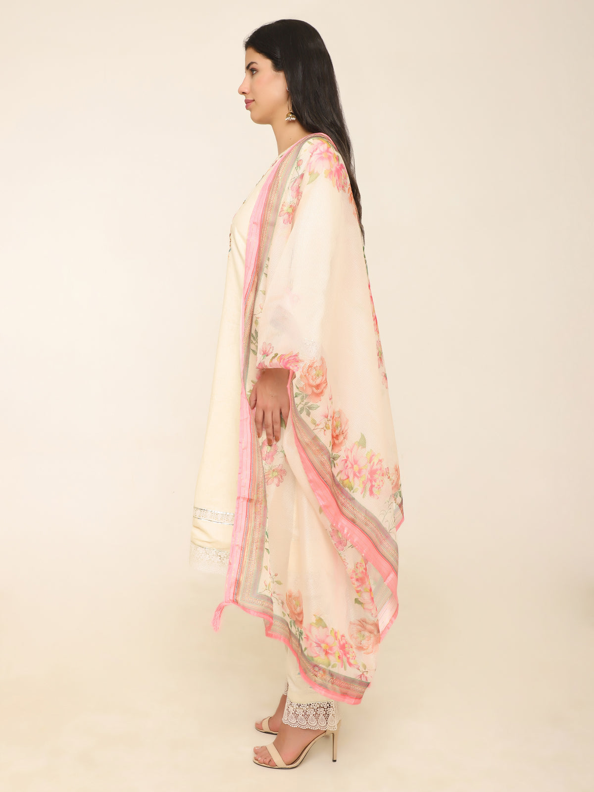 Ivory Embroidered 3-Piece Suit with Lace Detailing & Floral Dupatta