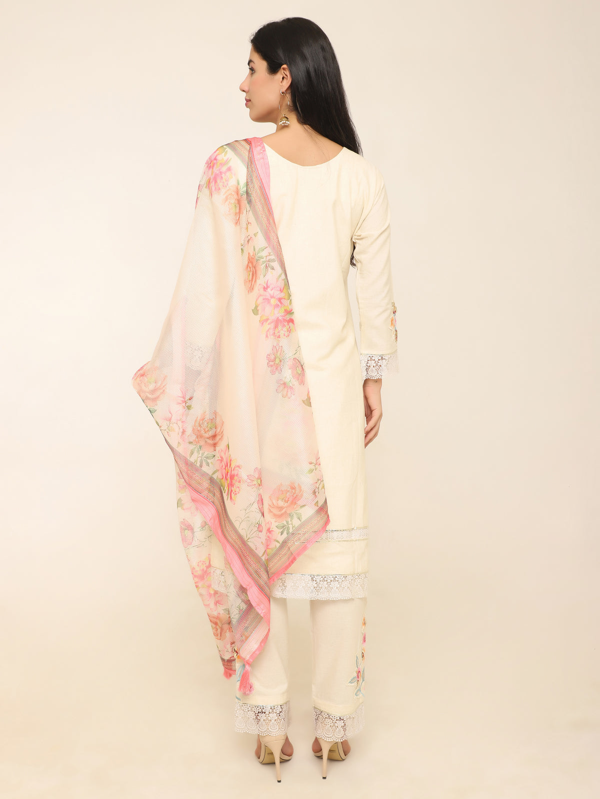 Ivory Embroidered 3-Piece Suit with Lace Detailing & Floral Dupatta