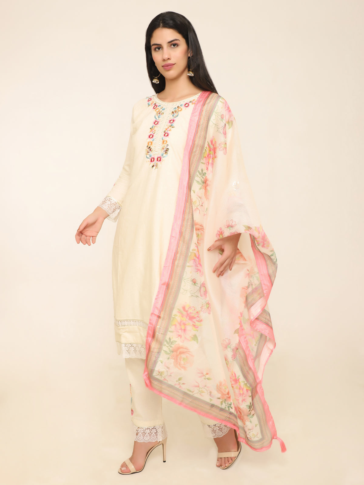 Ivory Embroidered 3-Piece Suit with Lace Detailing & Floral Dupatta