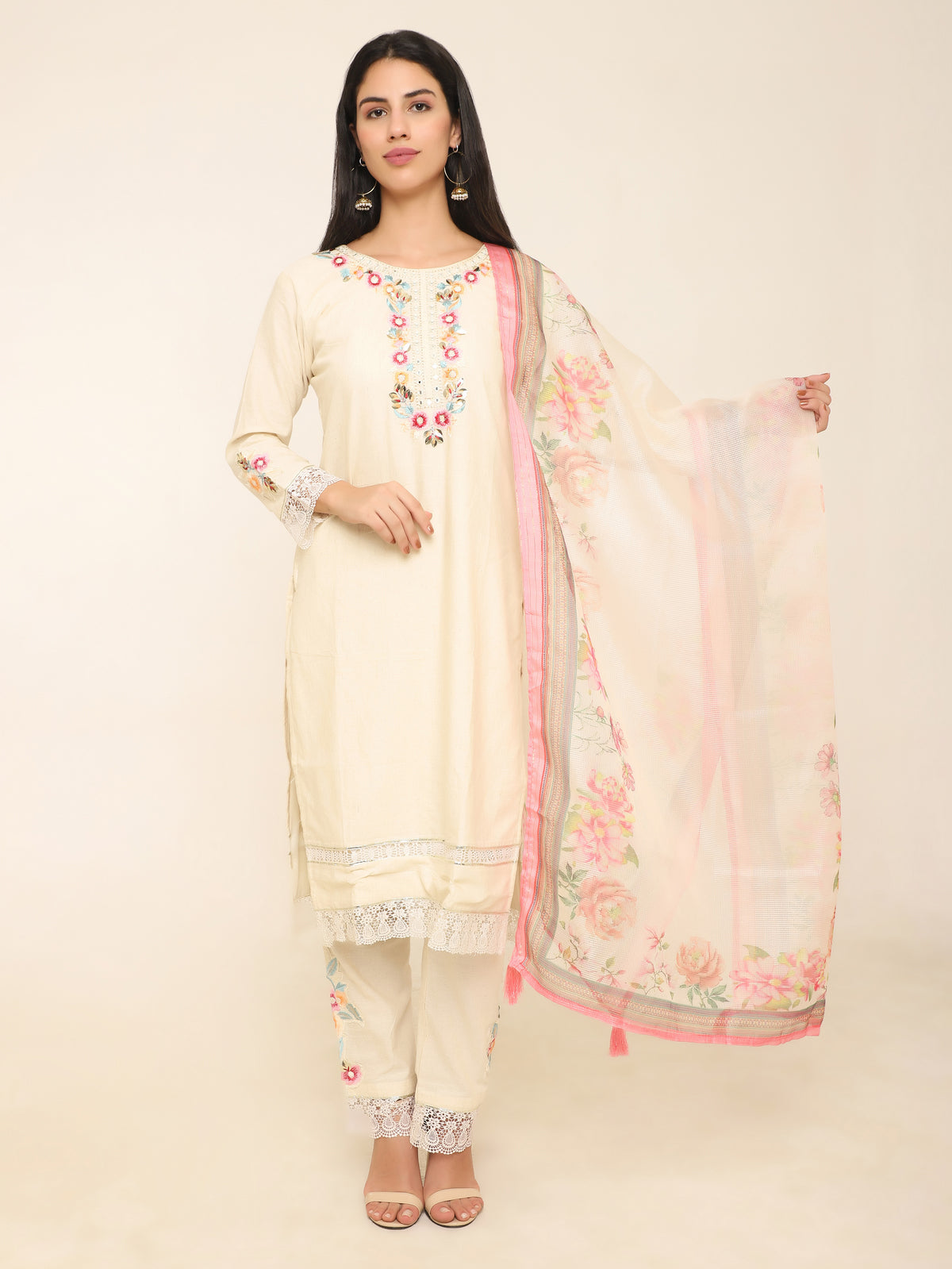 Ivory Embroidered 3-Piece Suit with Lace Detailing & Floral Dupatta