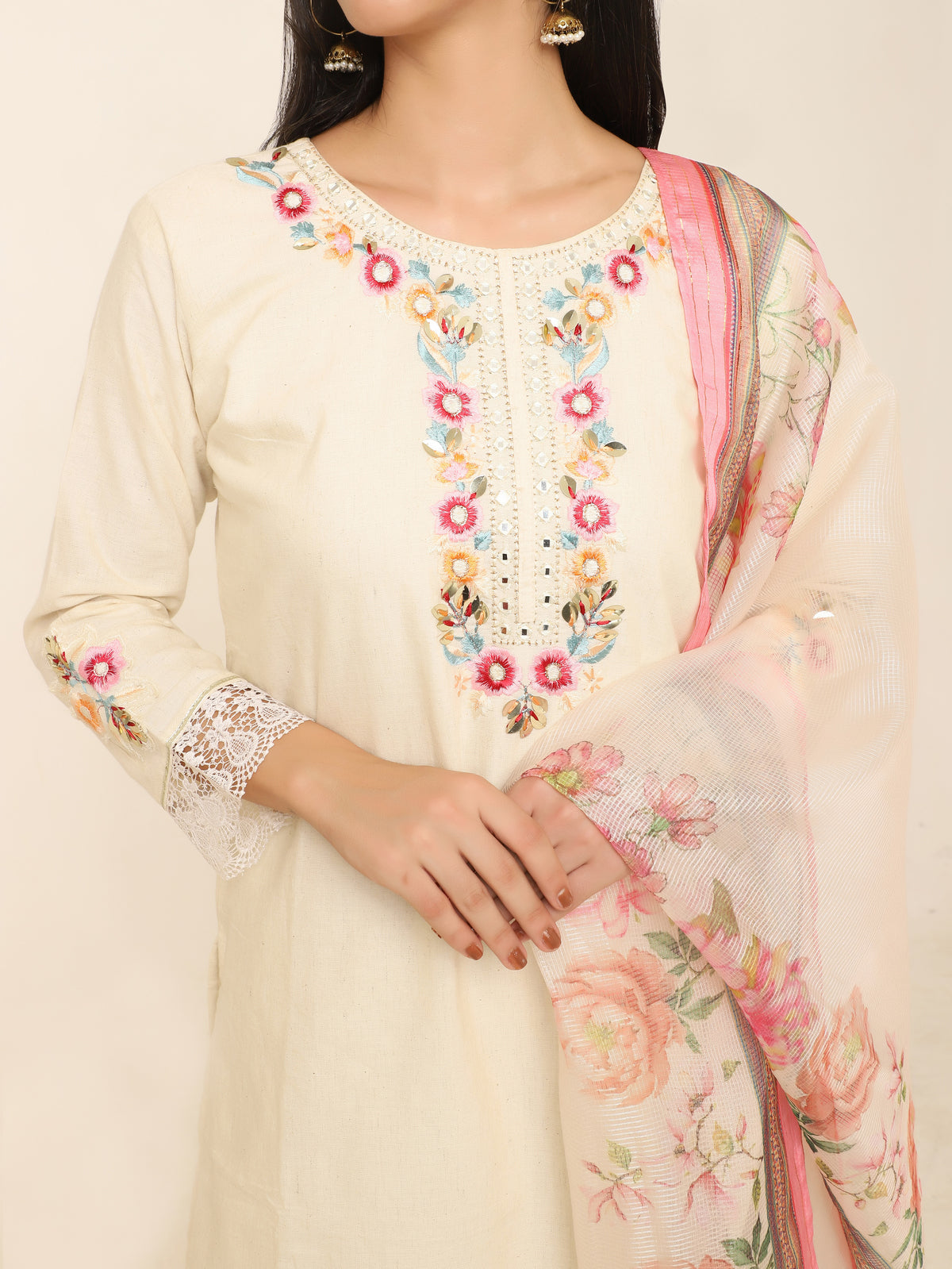 Ivory Embroidered 3-Piece Suit with Lace Detailing & Floral Dupatta