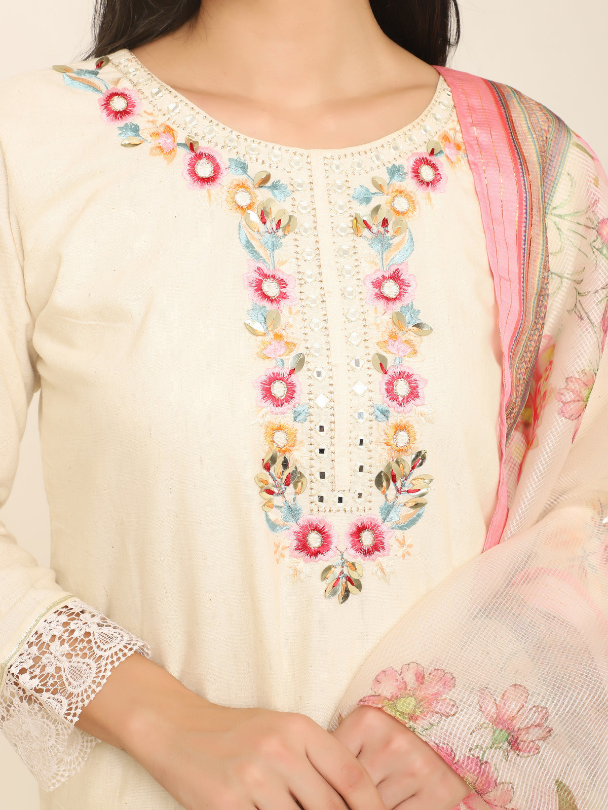 Ivory Embroidered 3-Piece Suit with Lace Detailing & Floral Dupatta
