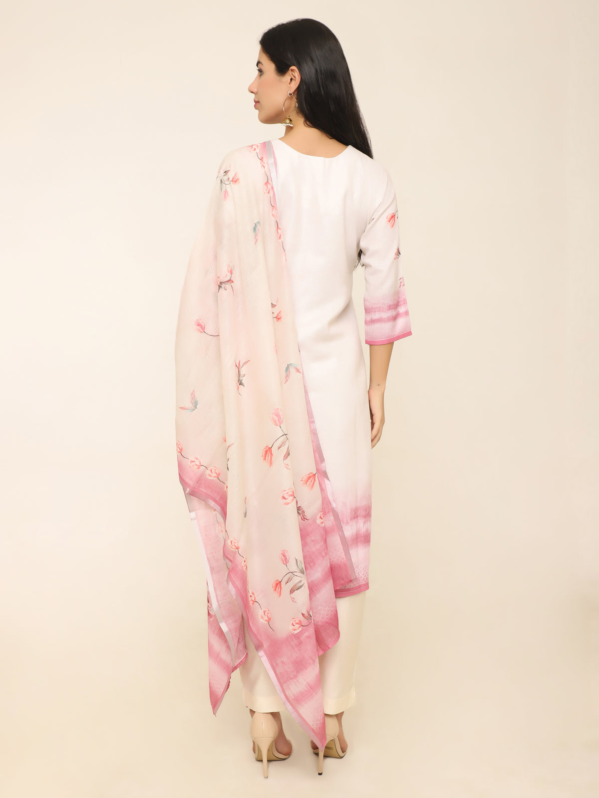 Cream floral printed suit set with Pants & Dupatta