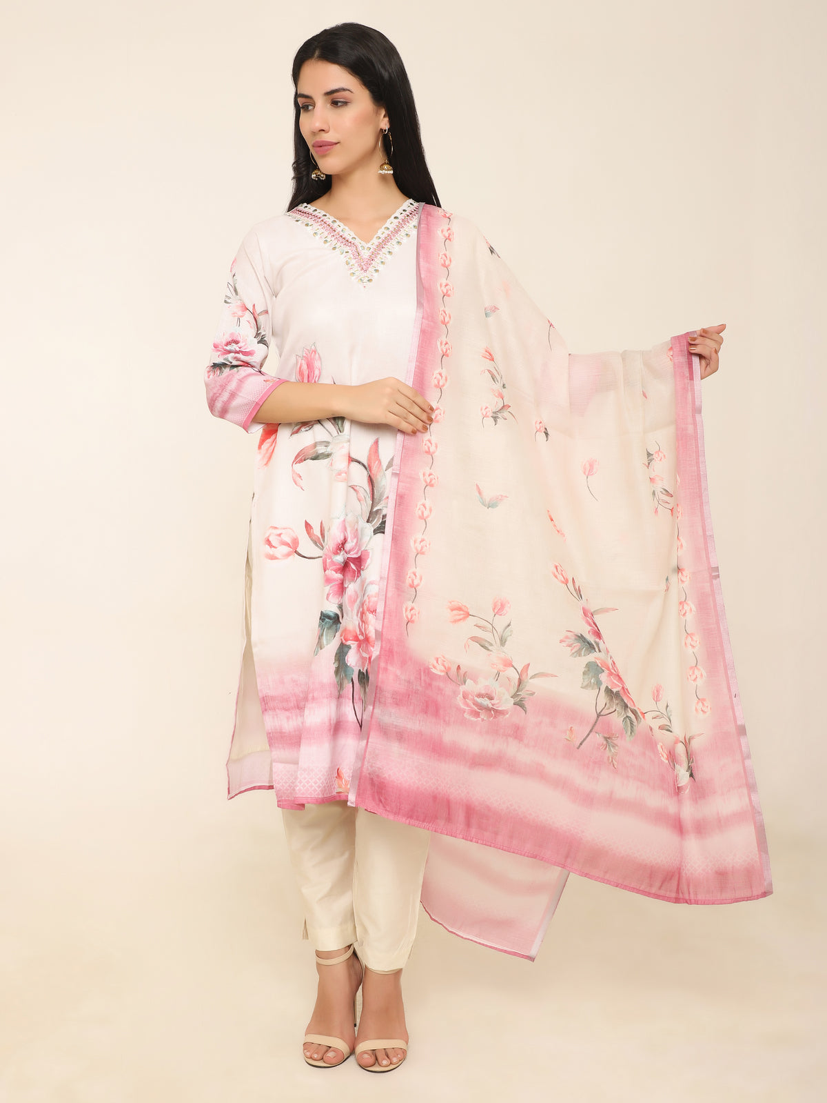 Cream floral printed suit set with Pants & Dupatta