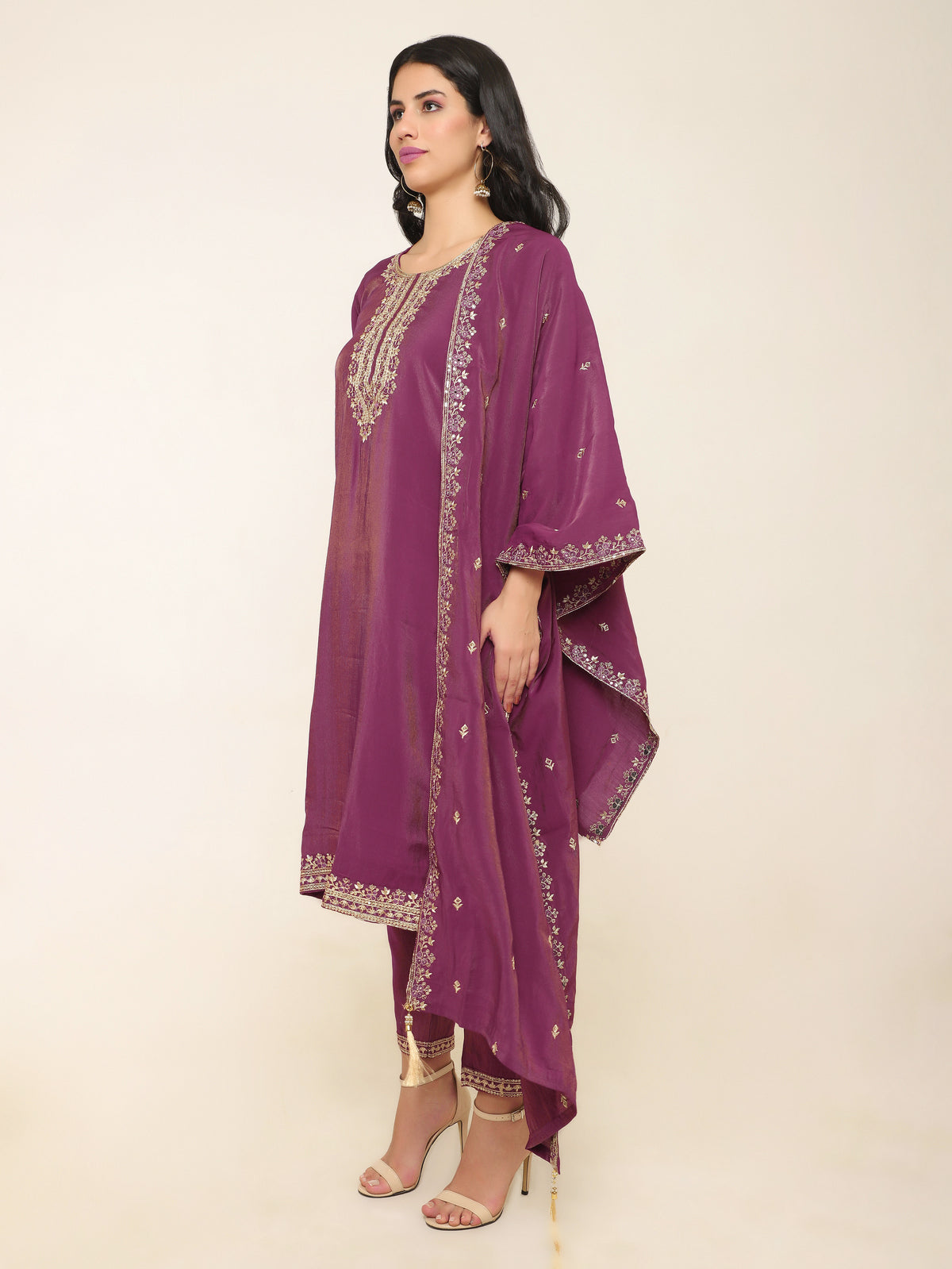 Wine Tissue Shimmer Suit with Thread Embroidery & Golden Tassel Dupatta