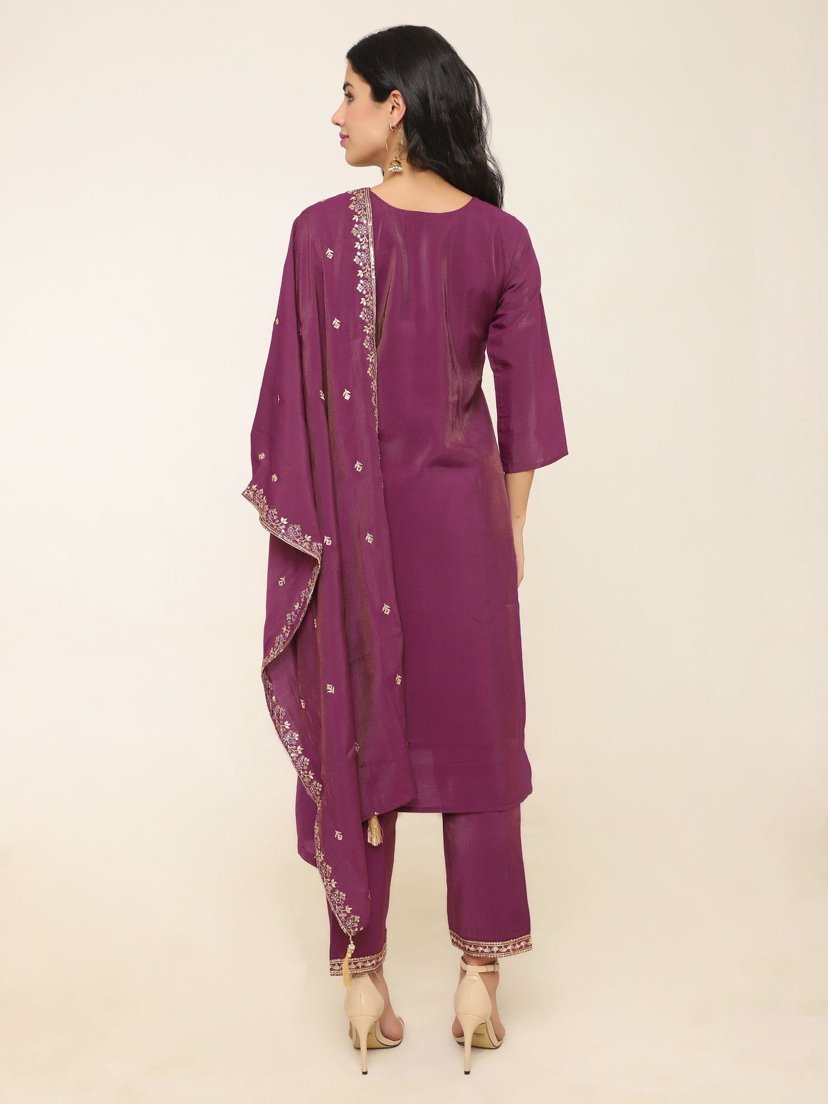Wine Tissue Shimmer Suit with Thread Embroidery & Golden Tassel Dupatta