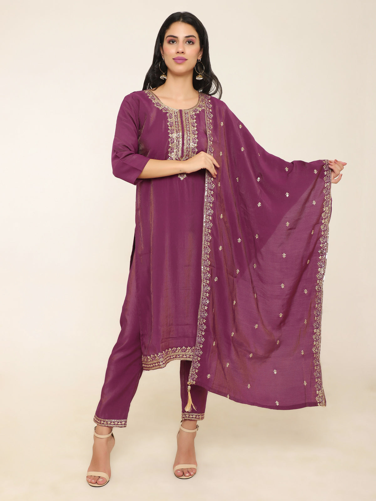 Wine Tissue Shimmer Suit with Thread Embroidery & Golden Tassel Dupatta