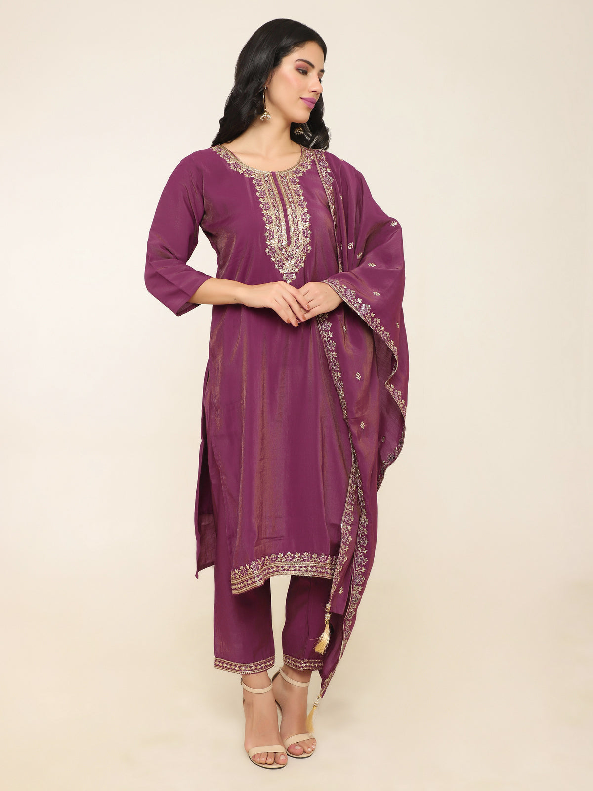 Wine Tissue Shimmer Suit with Thread Embroidery & Golden Tassel Dupatta