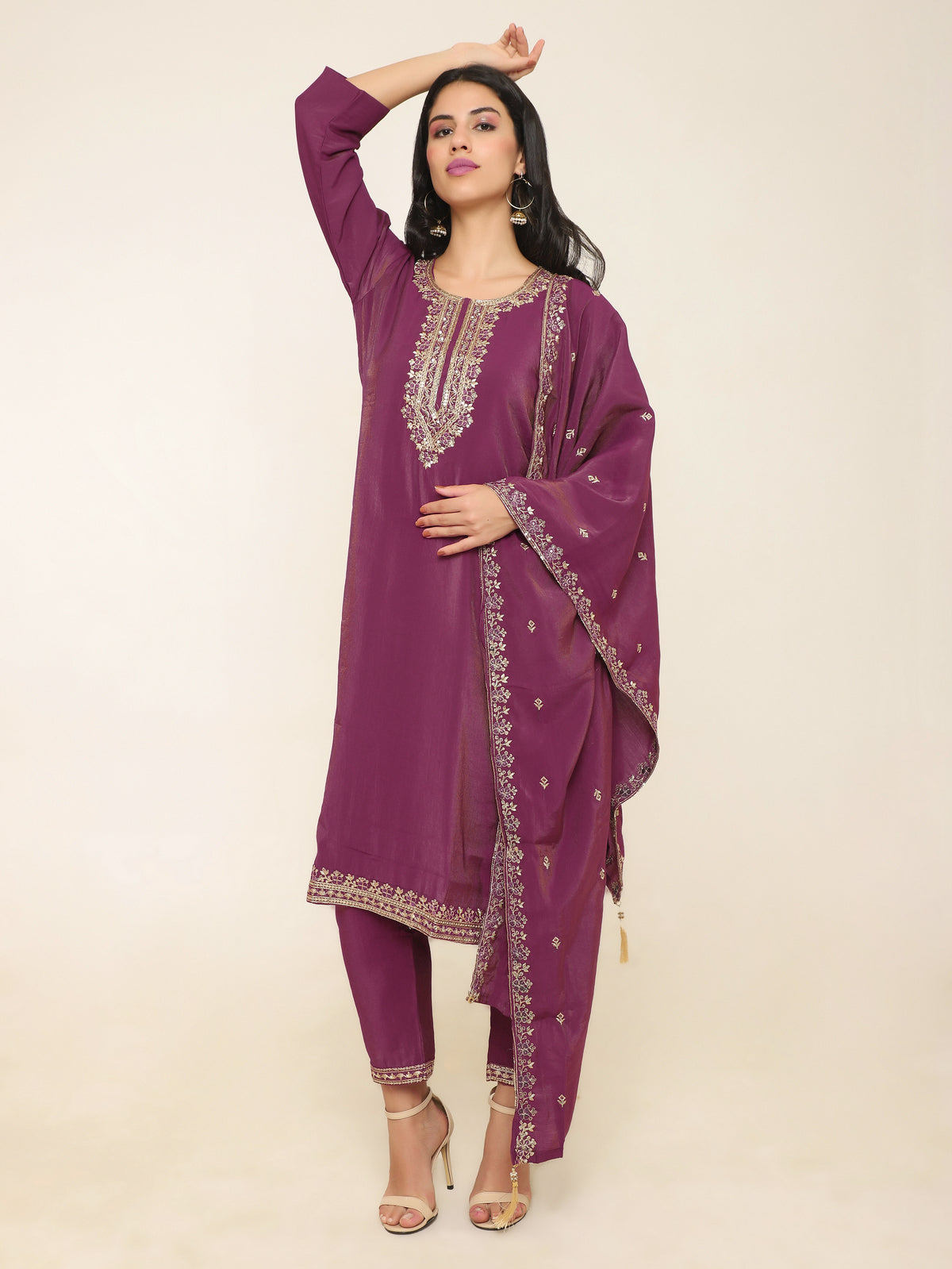 Wine Tissue Shimmer Suit with Thread Embroidery & Golden Tassel Dupatta