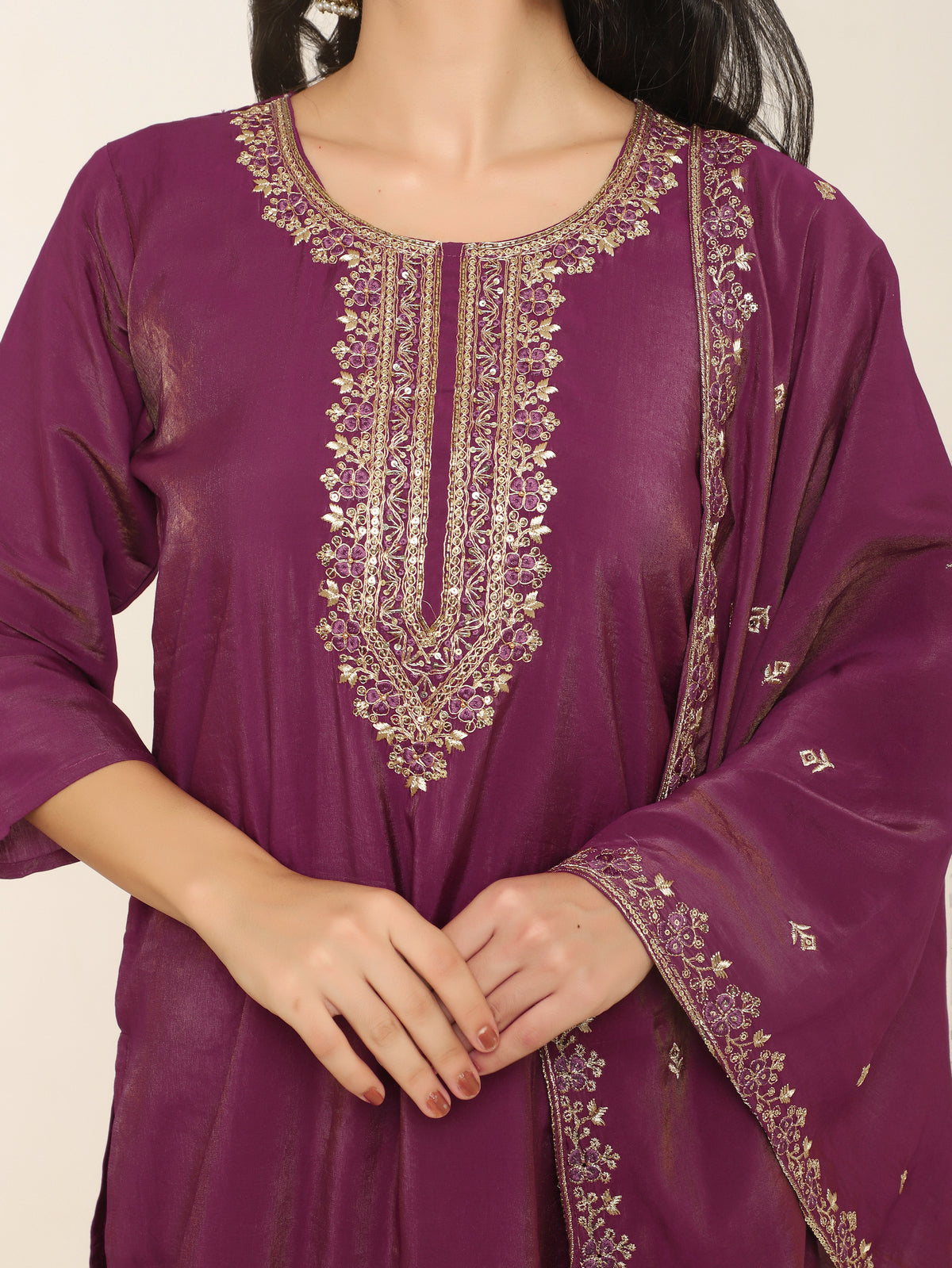 Wine Tissue Shimmer Suit with Thread Embroidery & Golden Tassel Dupatta