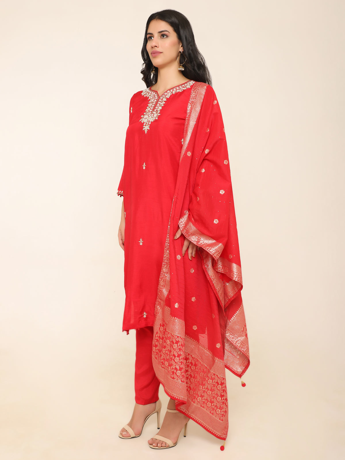 Red Chanderi Silk Suit with Beads & Dabka Work with Pants & banarsi dupatta