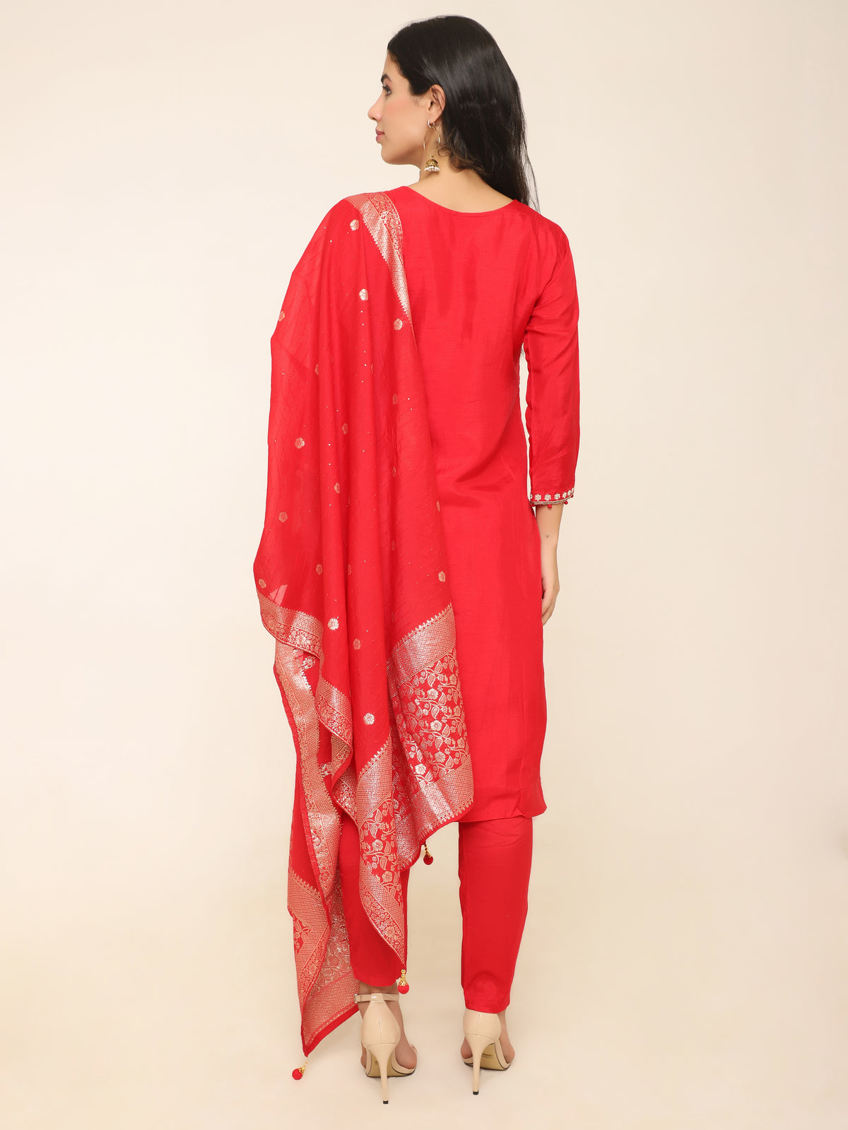 Red Chanderi Silk Suit with Beads & Dabka Work with Pants & banarsi dupatta
