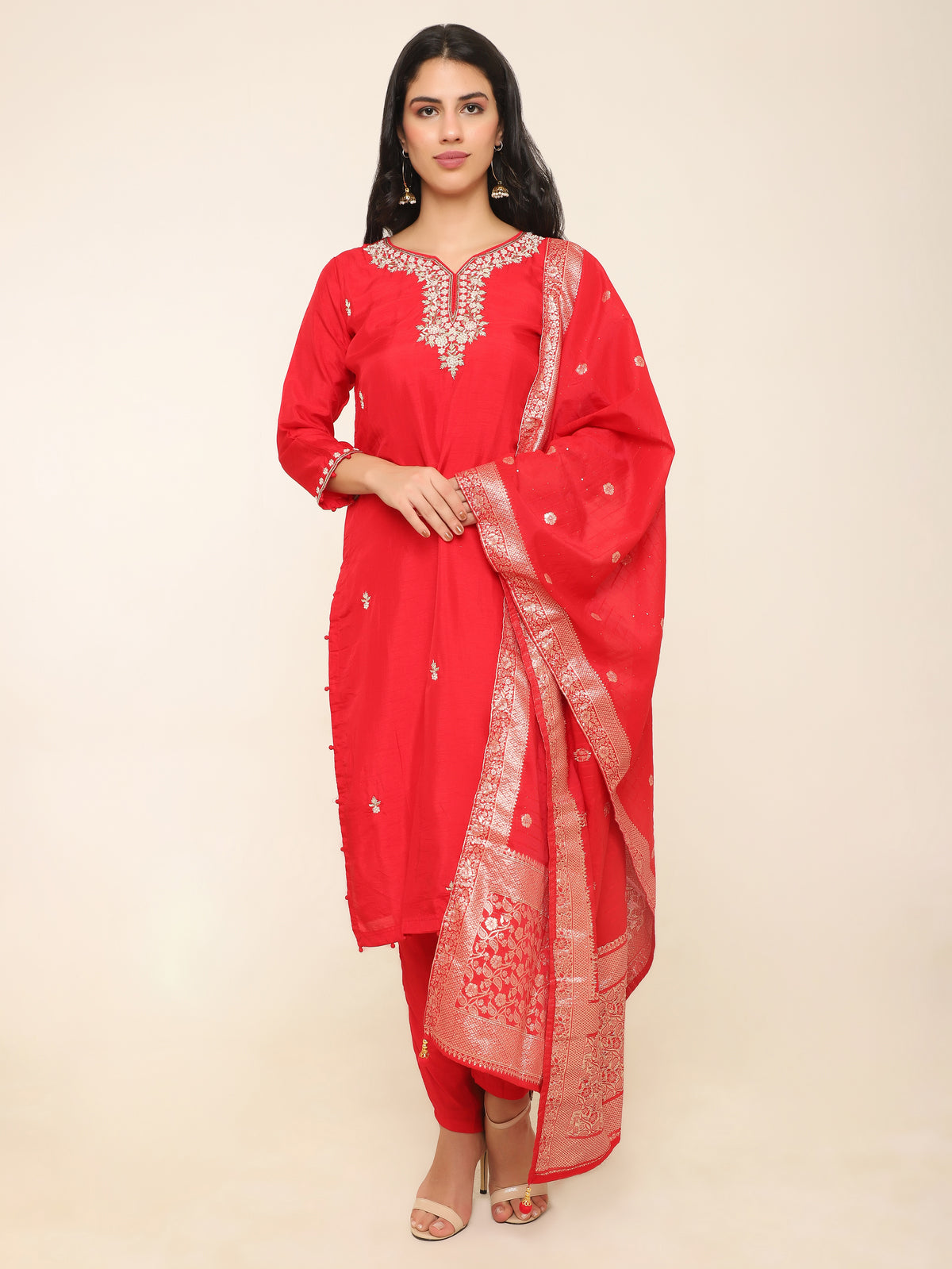 Red Chanderi Silk Suit with Beads & Dabka Work with Pants & banarsi dupatta