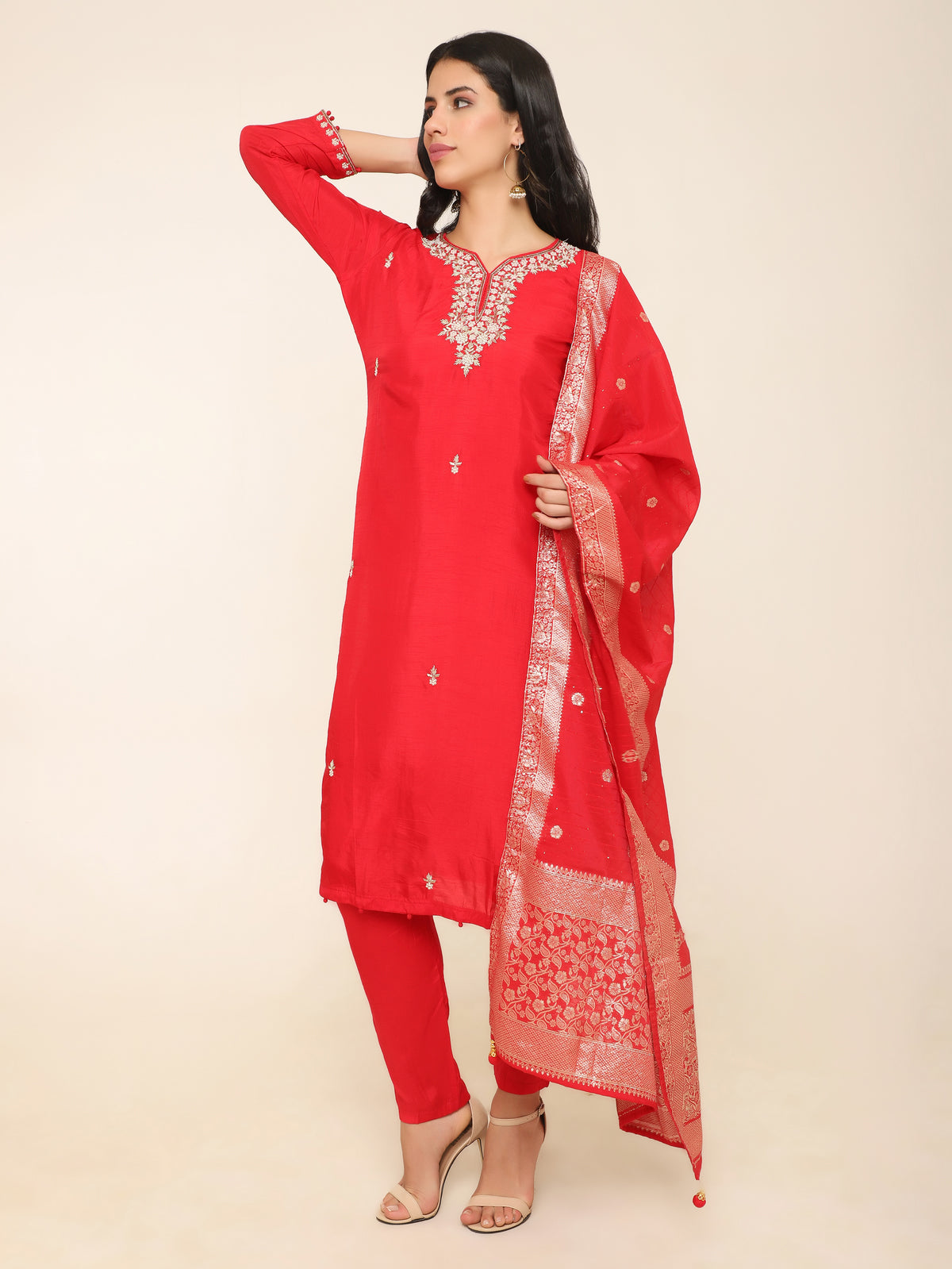 Red Chanderi Silk Suit with Beads & Dabka Work with Pants & banarsi dupatta