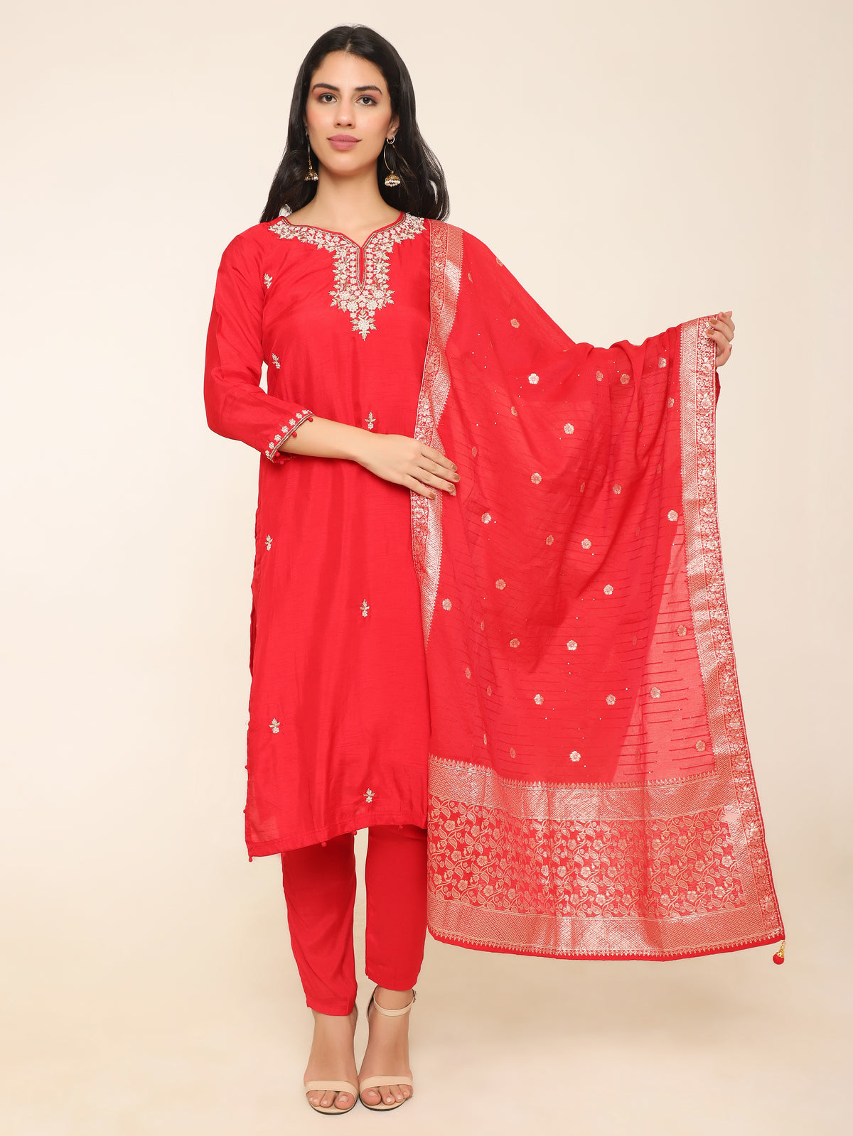 Red Chanderi Silk Suit with Beads & Dabka Work with Pants & banarsi dupatta