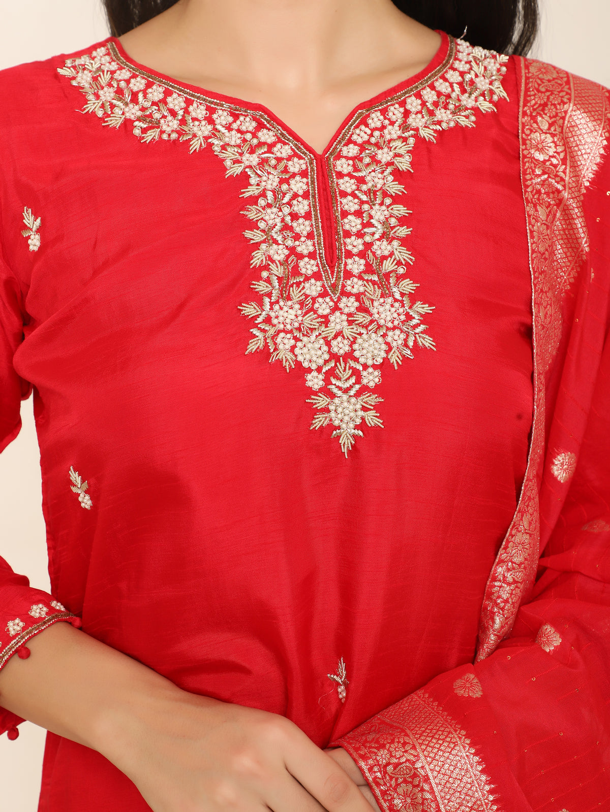 Red Chanderi Silk Suit with Beads & Dabka Work with Pants & banarsi dupatta