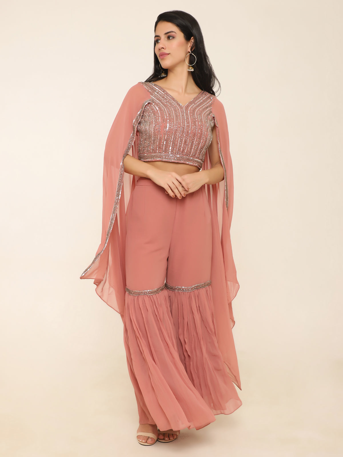 Peach 2-Piece Party Set with Embellished Cape Blouse & Sharara Pants