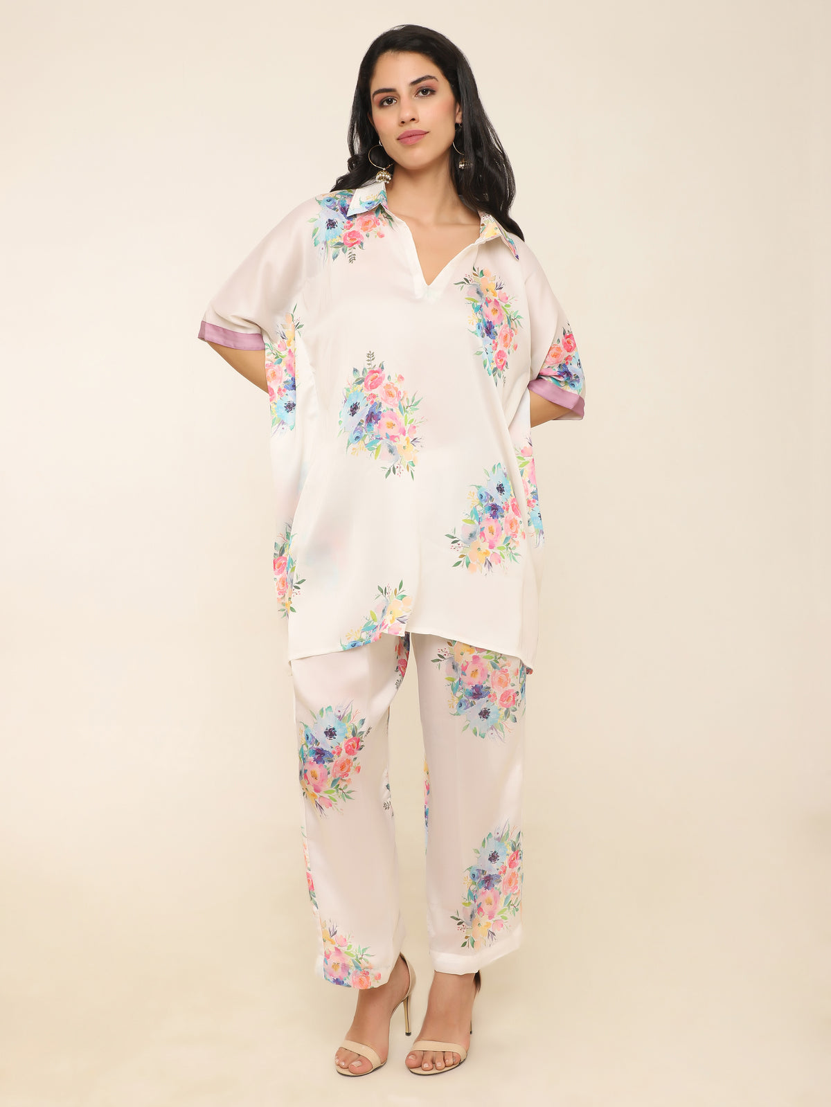 Muslin Kaftan Style Co-ord Set with Floral Print