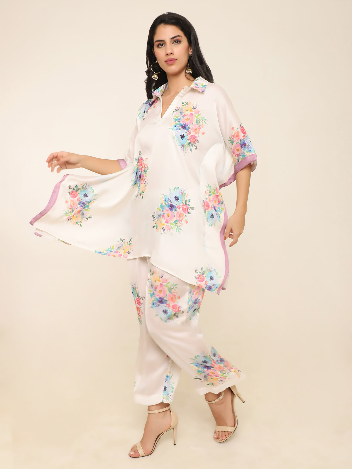 Muslin Kaftan Style Co-ord Set with Floral Print