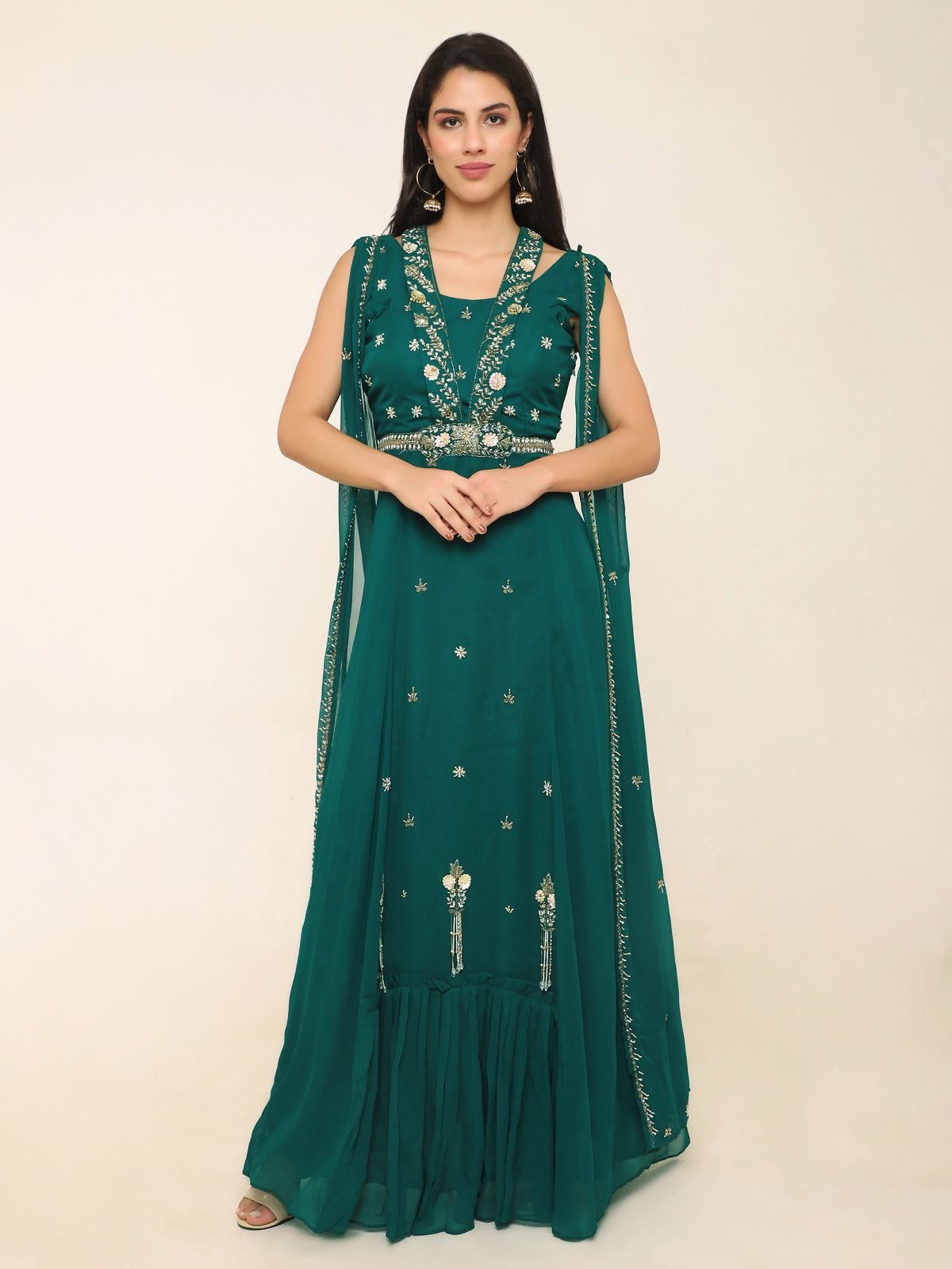Bottle Green Georgette Gown with Cape Sleeves & Tassel Detailing